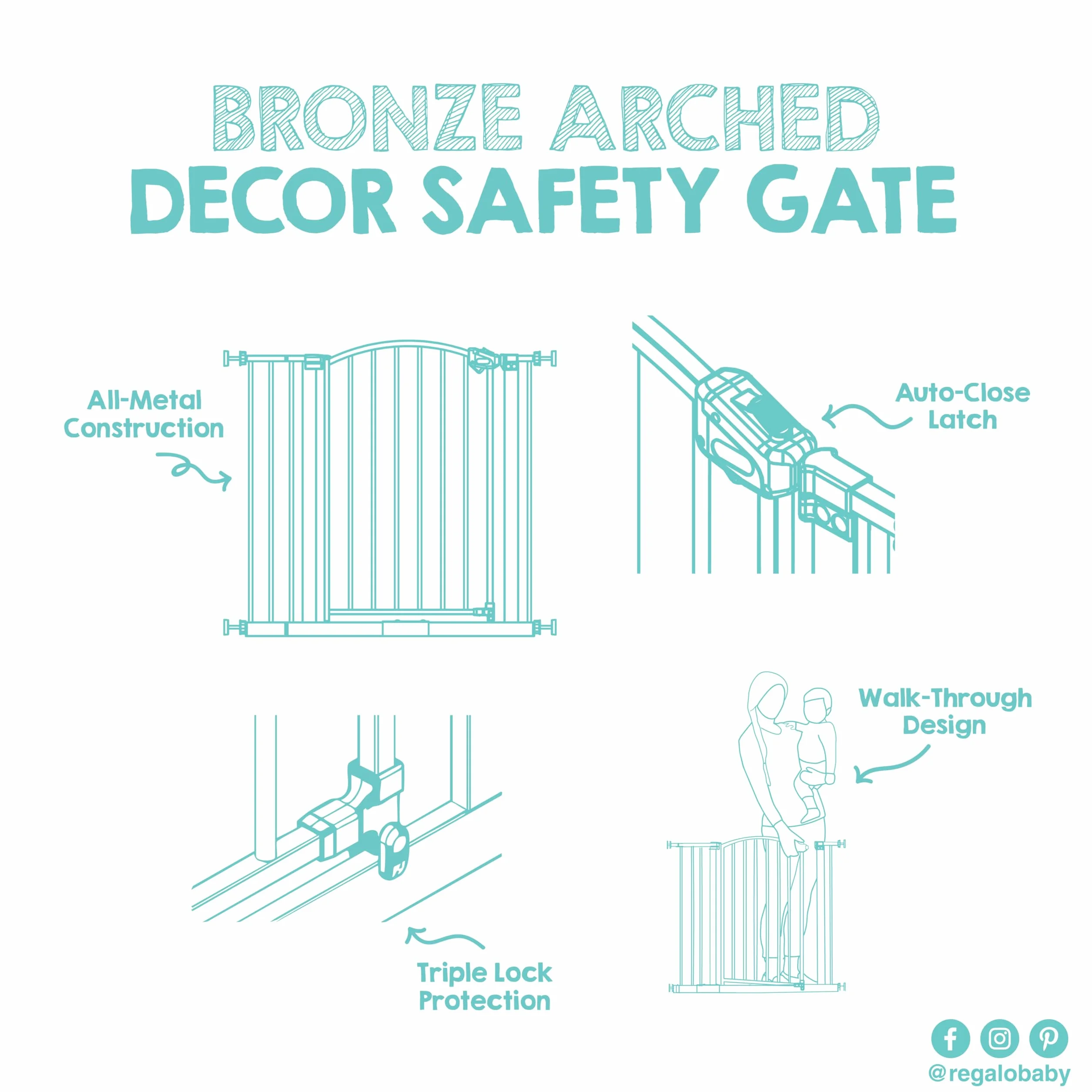 Regalo Safety Arched Baby Gate for Doorways & Stairs, 75-87cm, Pressure Mounted, Bronze