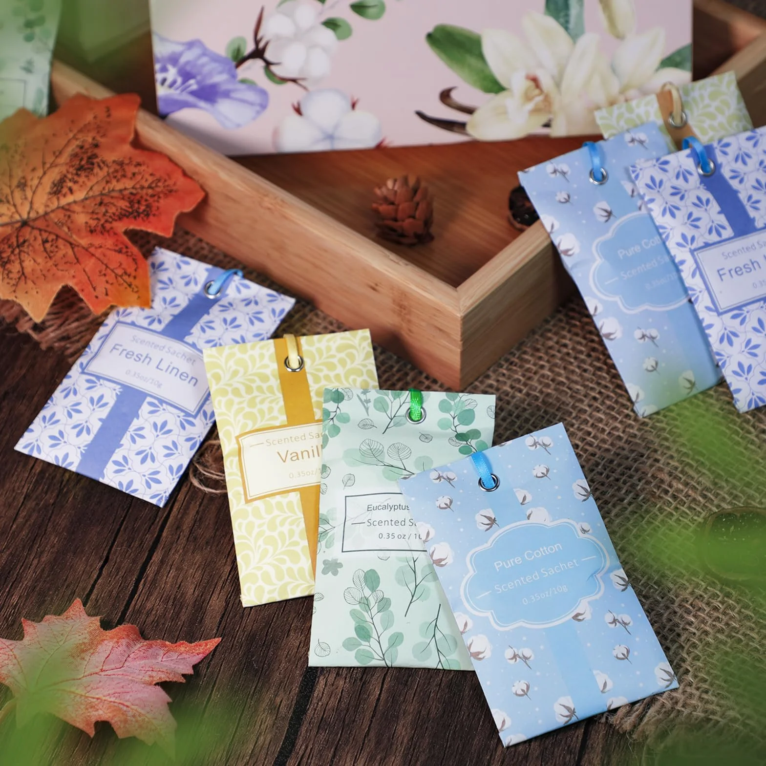 SCENTORINI Sachets Parfumés Frais pour Tiroirs, 16 sachets, 4 Senteurs Lin, Coton, Vanille, Eucalyptus Sauge