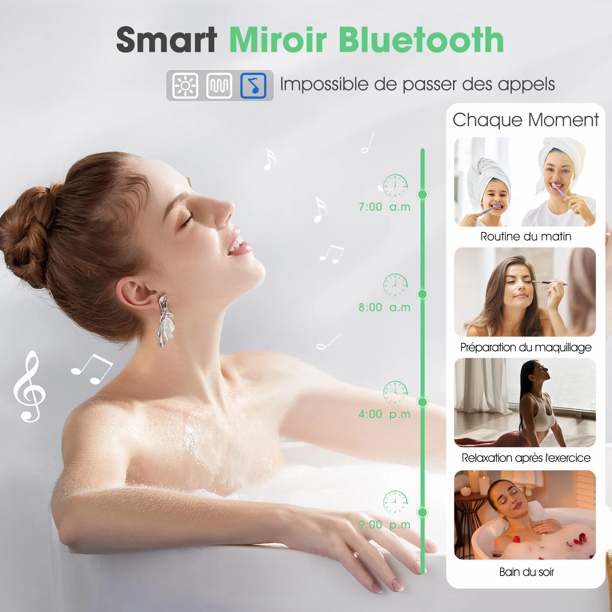 Miroir Salle de Bain LED 120x70cm Bluetooth Anti-buée IP44 Dimmable Mémoire Verre Trempé