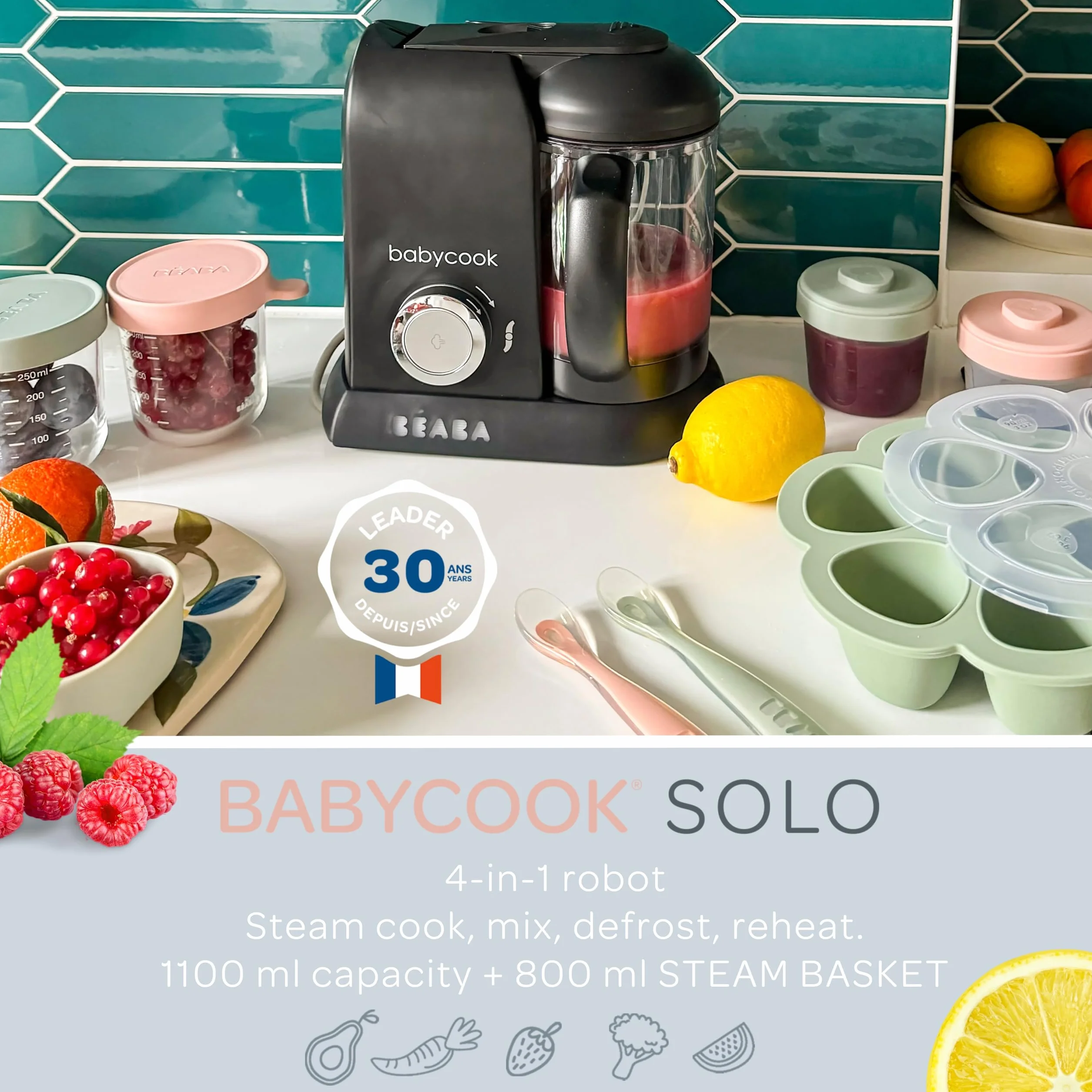 BEABA Babycook Solo Robot Mixeur Cuiseur Vapeur 4 en 1 Bébé Black Edition