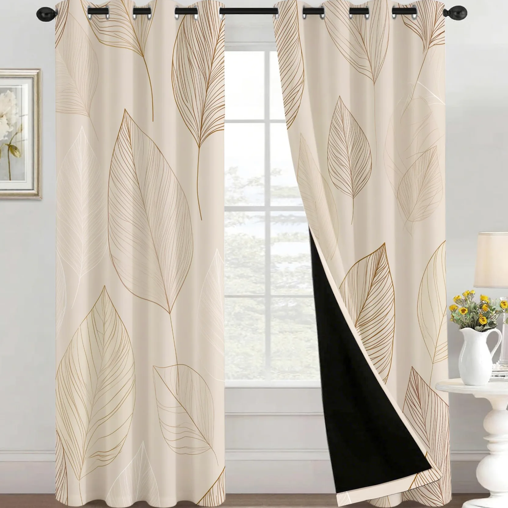 Générique Rideau Occultant Feuille, 117 x 137 (LxH) 2 Pieces, Opaque 95%, Motif Feuilles Plante Beige, Rideaux Fenetre Thermiques à Oeillets, Decoration Maison Salon Chambre GCB166