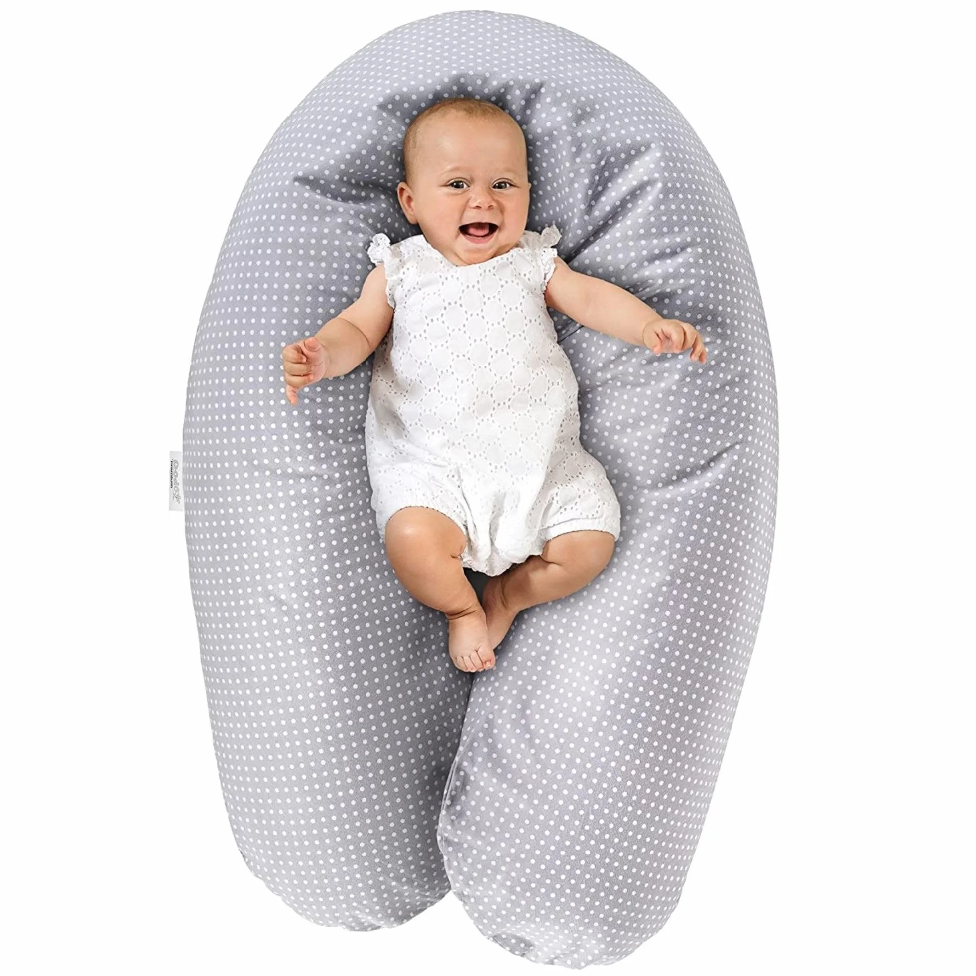 Theraline Coussin Allaitement Dodo Pillow Premium 180 cm Housse Coton Fines Billes Silencieuses Déhoussable Pois Gris
