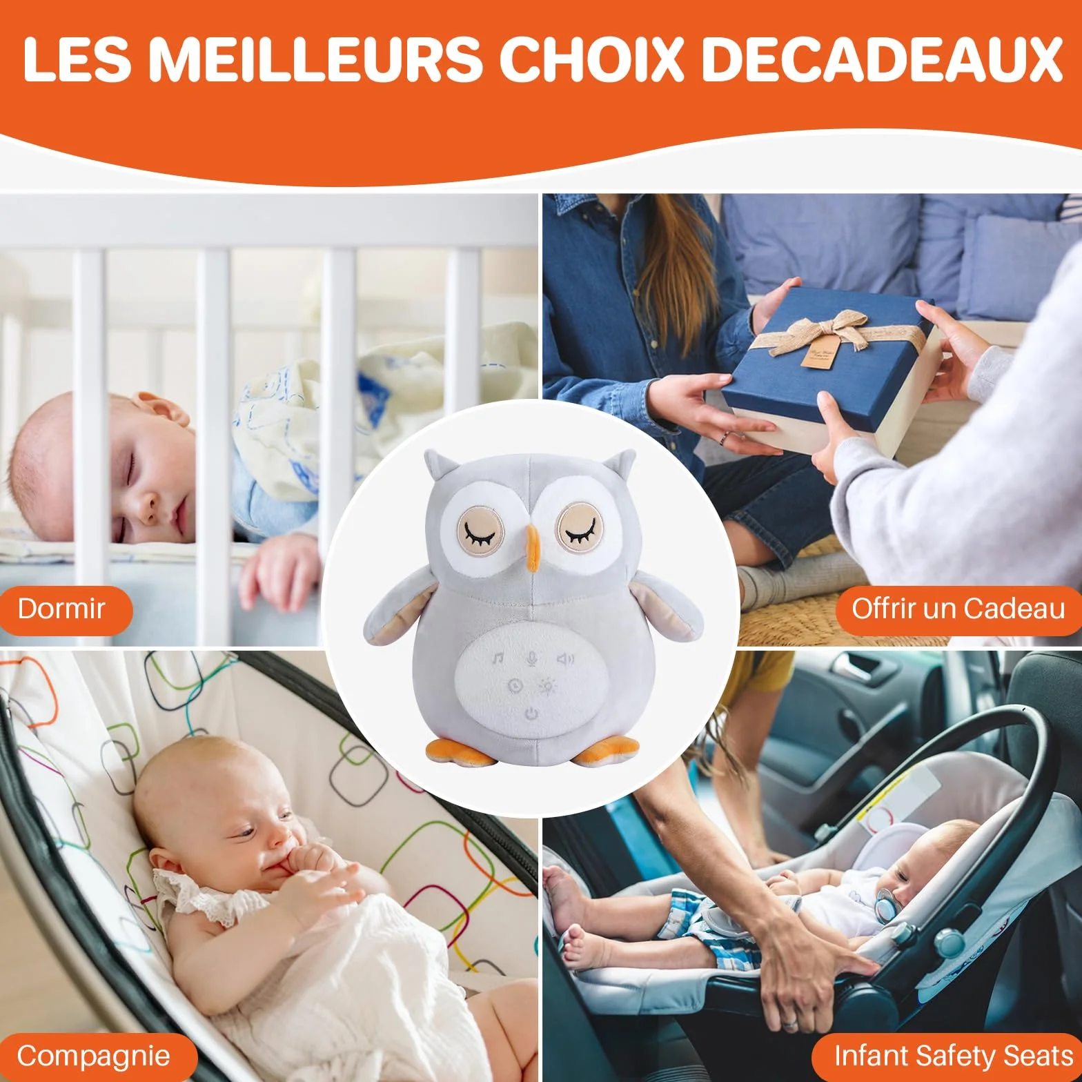 Peluche Hibou Apaisante avec Bruit Blanc pour Bébé Jouet Musical Lumineux Veilleuse Lavable en Machine