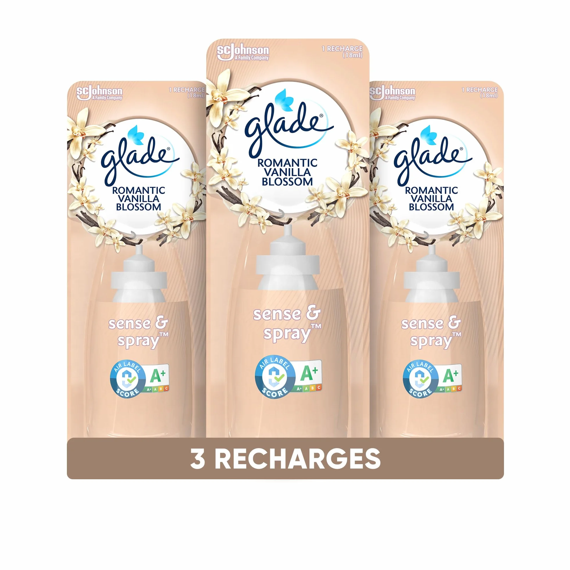 Glade Sense & Spray Recharges Diffuseur à Détection de Mouvement Huiles Essentielles Romantic Vanilla Blossom 3 Recharges