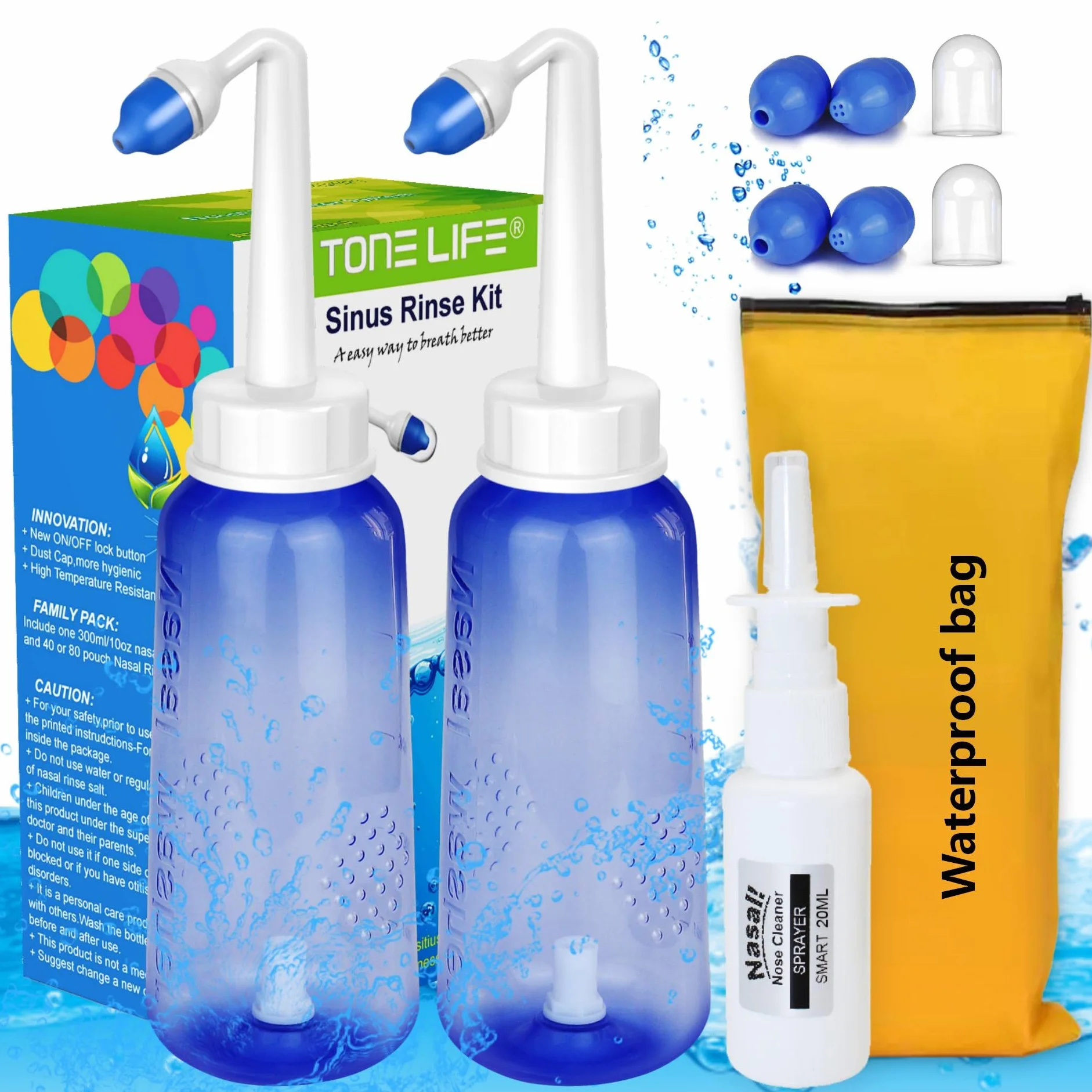 Lot de 2 pots Neti 300 ml Kit de rinçage pour sinus Nettoyant pour le nez