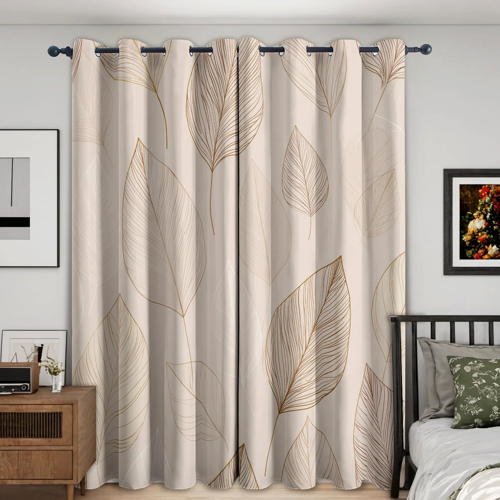 Générique Rideau Occultant Feuille, 117 x 137 (LxH) 2 Pieces, Opaque 95%, Motif Feuilles Plante Beige, Rideaux Fenetre Thermiques à Oeillets, Decoration Maison Salon Chambre GCB166