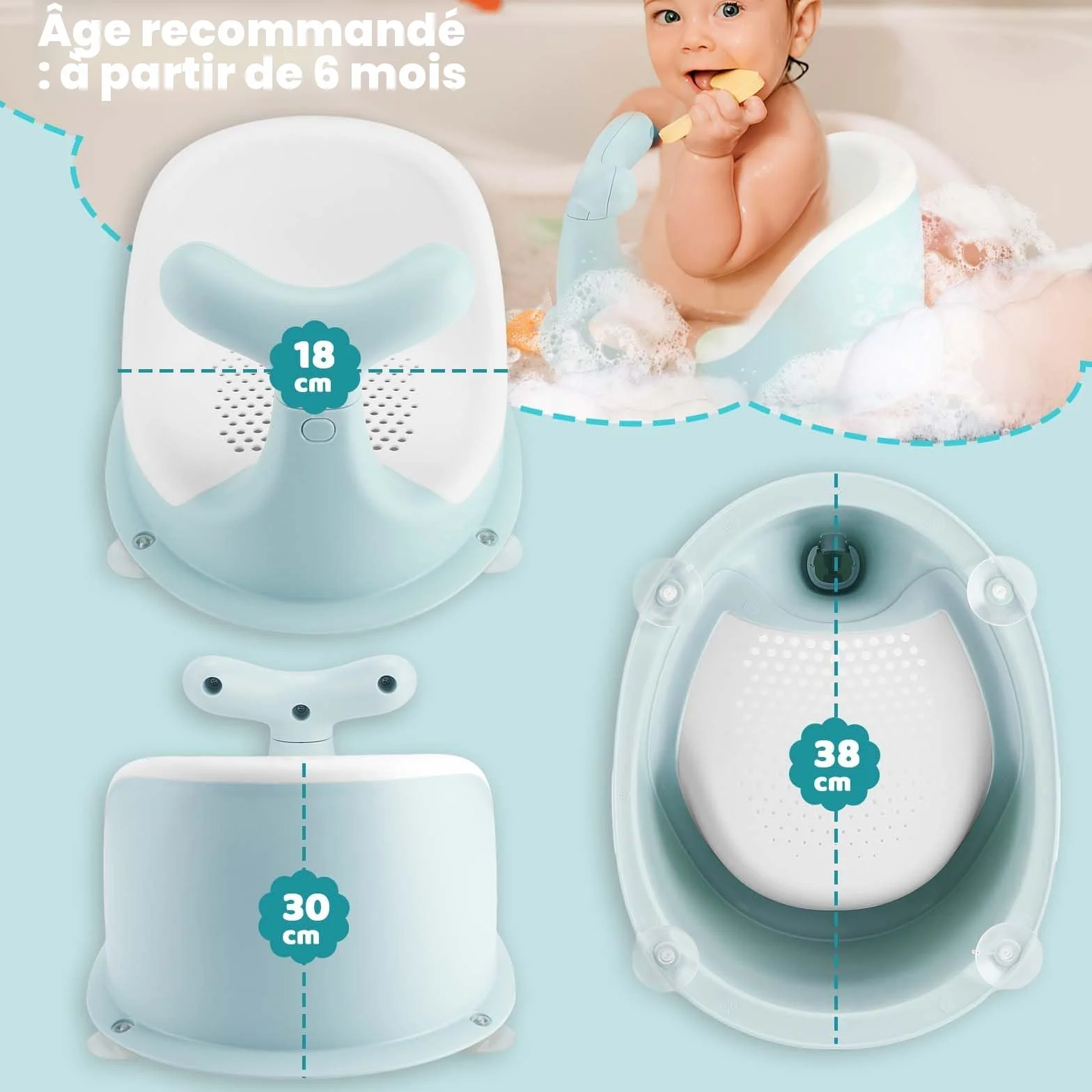 Chaise de Douche pour bébé, forme baleine, coussin silicone respirant, dossier ergonomique, 4 ventouses antidérapantes, 6 mois+ (vert)