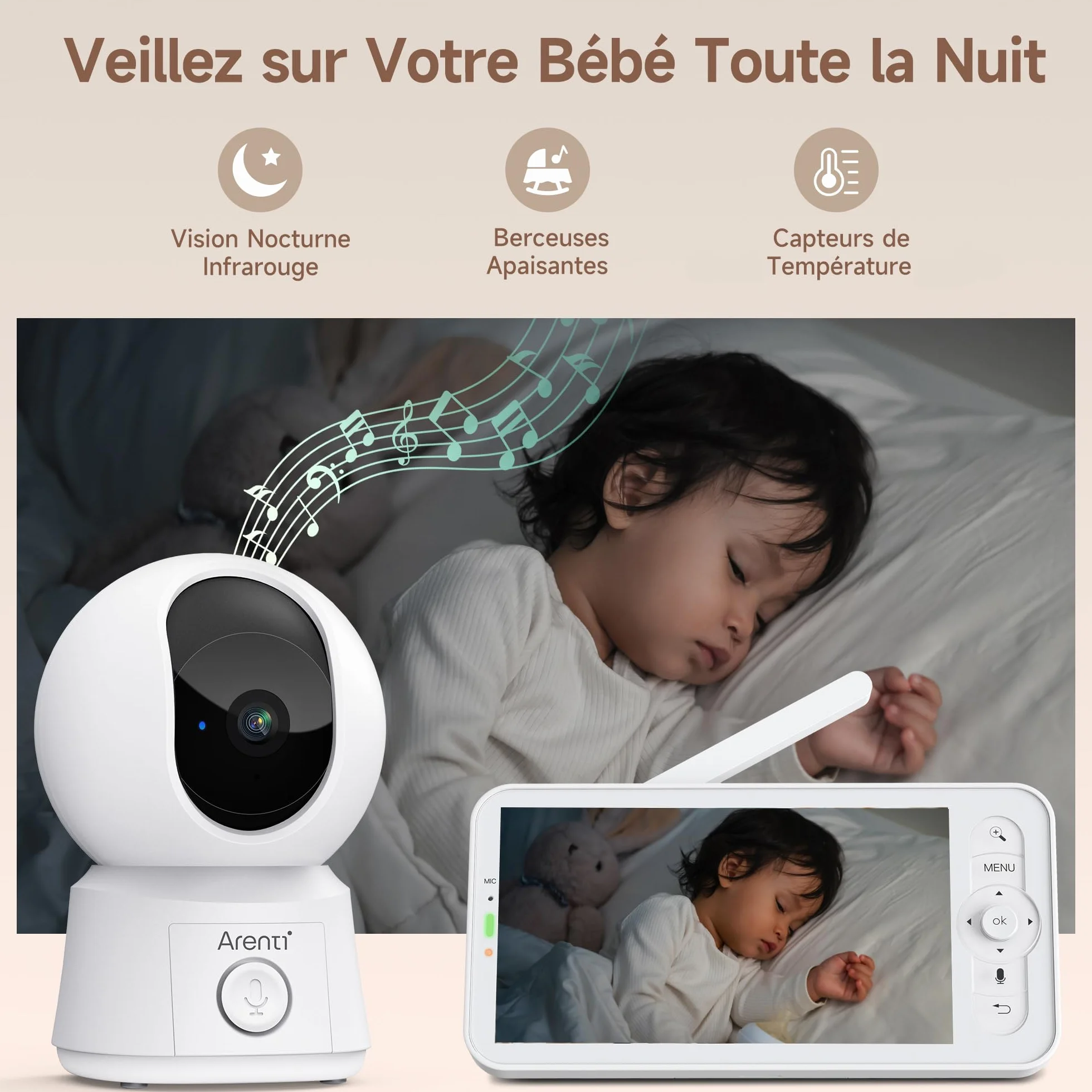 ARENTI Babyphone Camera Bébé, Moniteur Vidéo avec VOX, Détection de Température, Vision Nocturne, Suivi Automatique