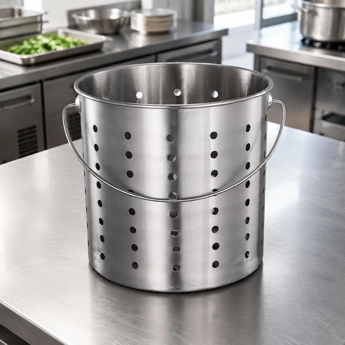 LOVIVER Seau en Acier Inoxydable Perforé Seau D'égttage Fond Plein Compact Récipient à Rinçage pr Cuisine, 45CM