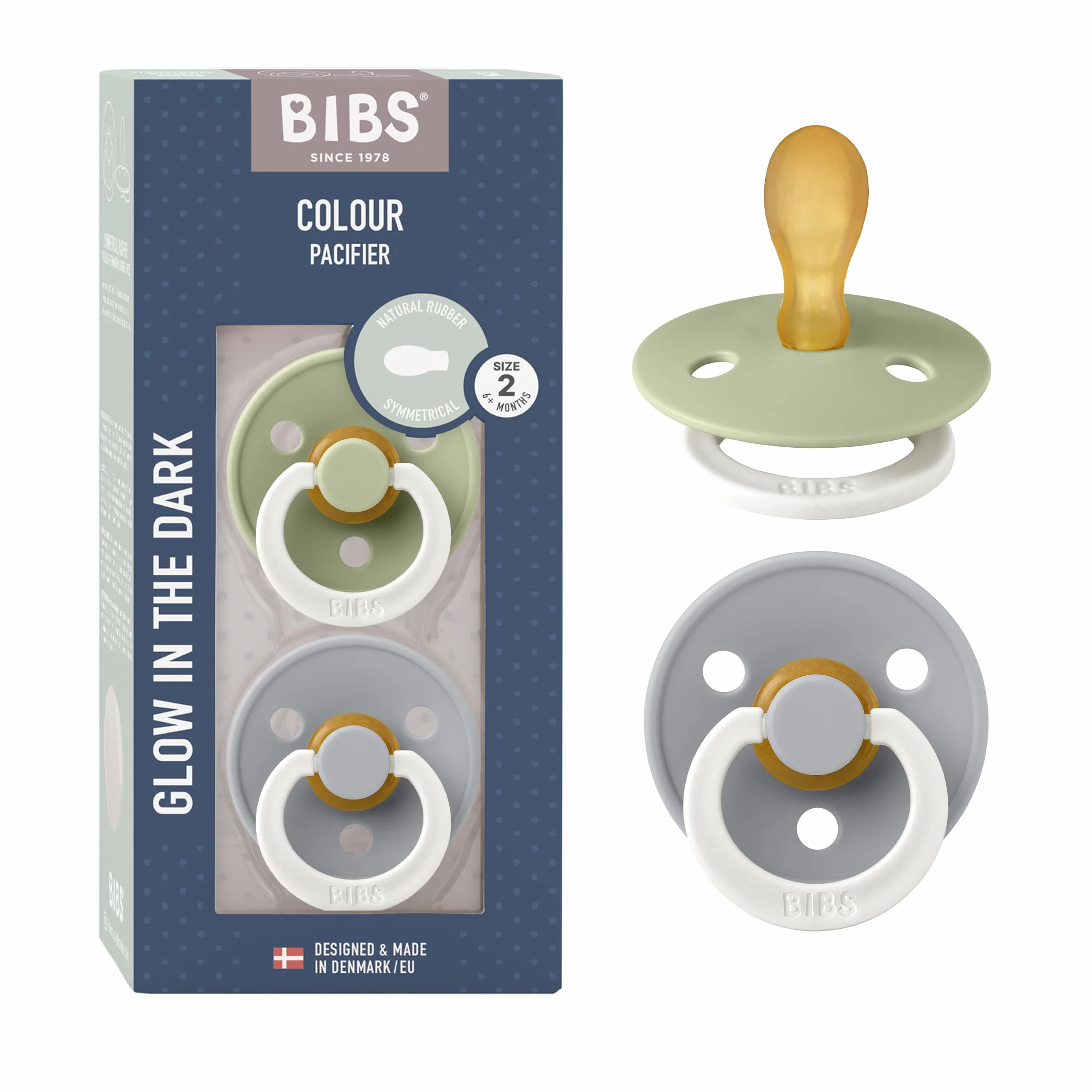 Tétine BIBS Colour Symmetrical Glow Lot de 2, taille 2, sans BPA, latex naturel, brillant dans le noir