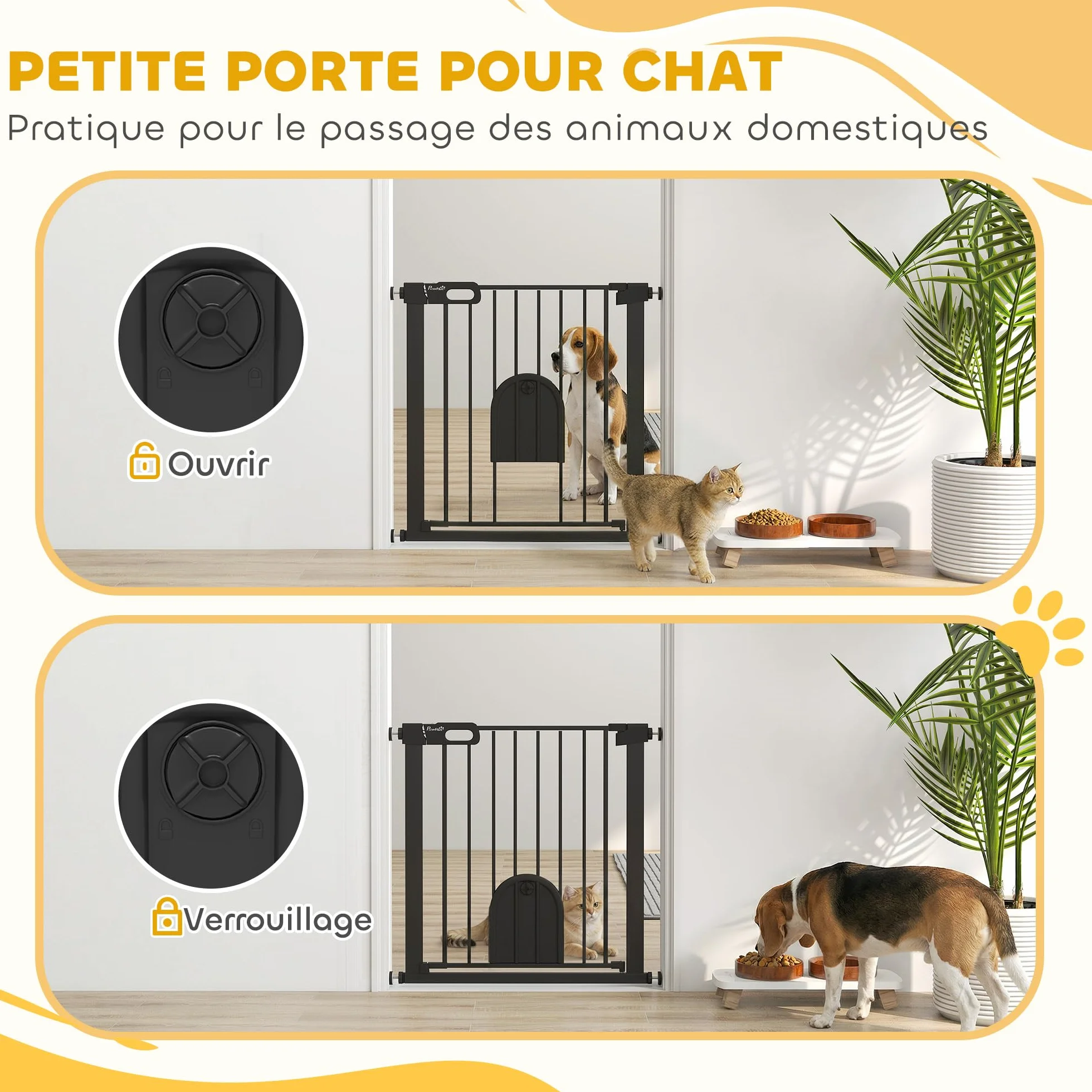 PawHut Barrière de sécurité Animaux 76H cm Chien Chat Porte Fermeture Automatique Double Verrouillage Fixation Pression 75-82 cm Acier ABS Noir
