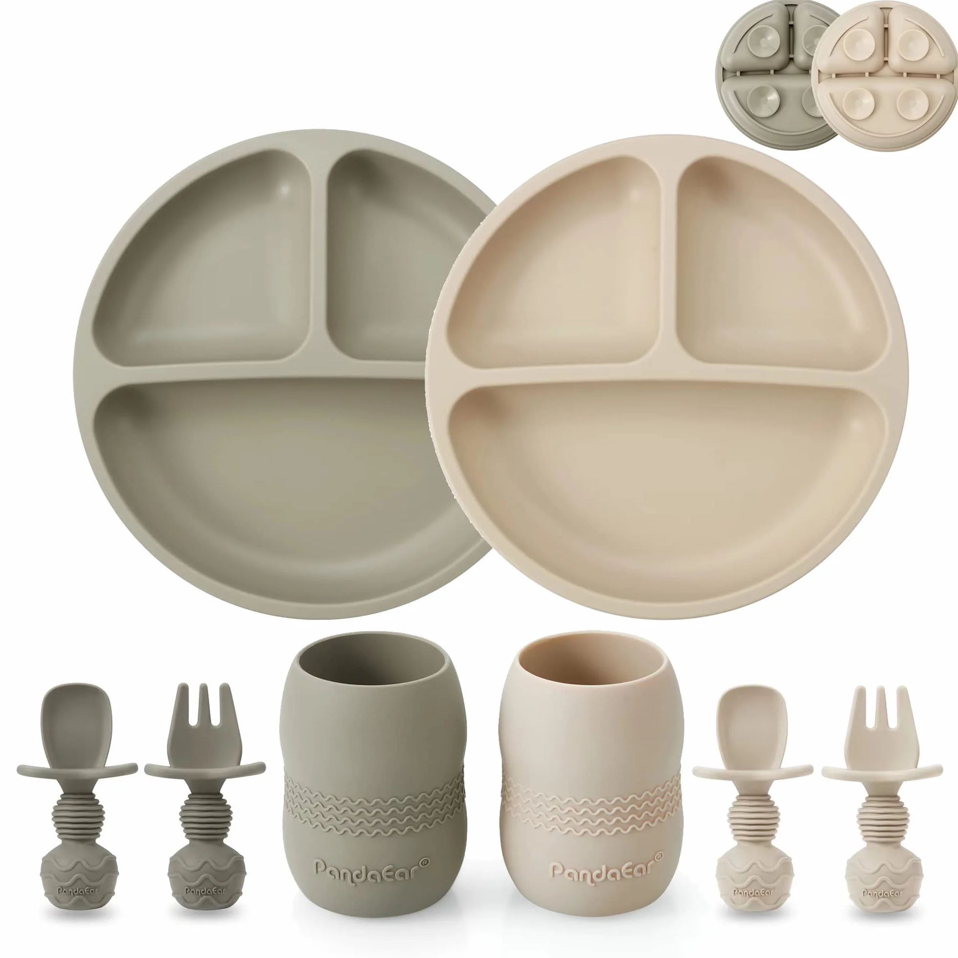 PandaEar Ensemble d'alimentation pour bébé en silicone | Lot de 2 assiettes ventouses et 2 tasses avec couverts (Noyer)