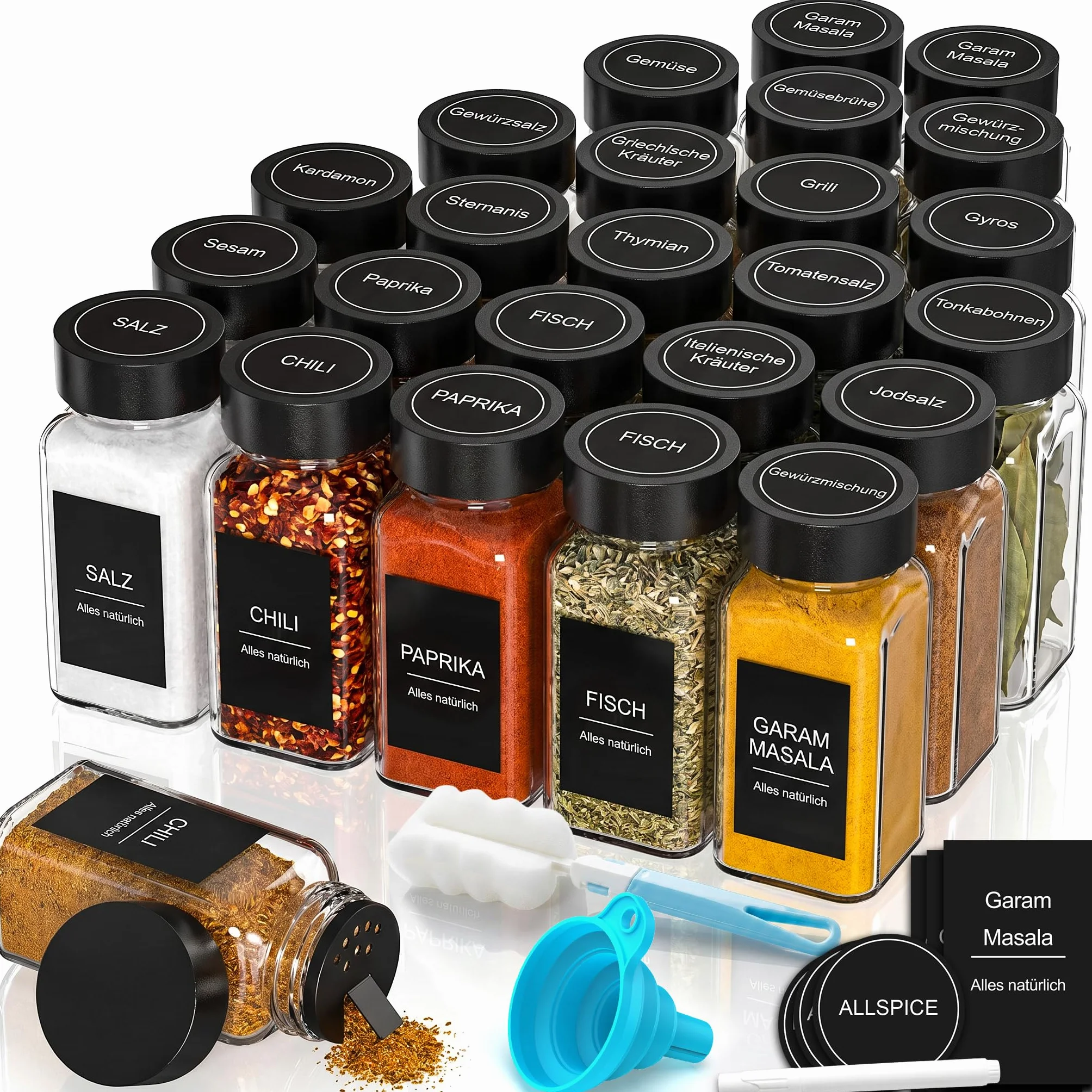Pots à épices carrés 120 ml lot de 24 avec couvercles, inserts saupoudre, entonnoir, passoire et 340 étiquettes