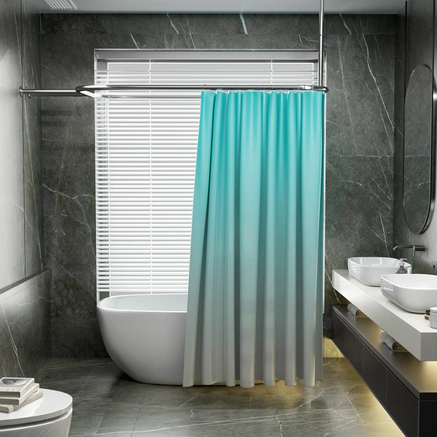 Anneau de rideau de douche en alliage d'aluminium ovale forme carrée pour salle de bain 148 cm x 61 cm pour baignoires à pieds libres (Argent)