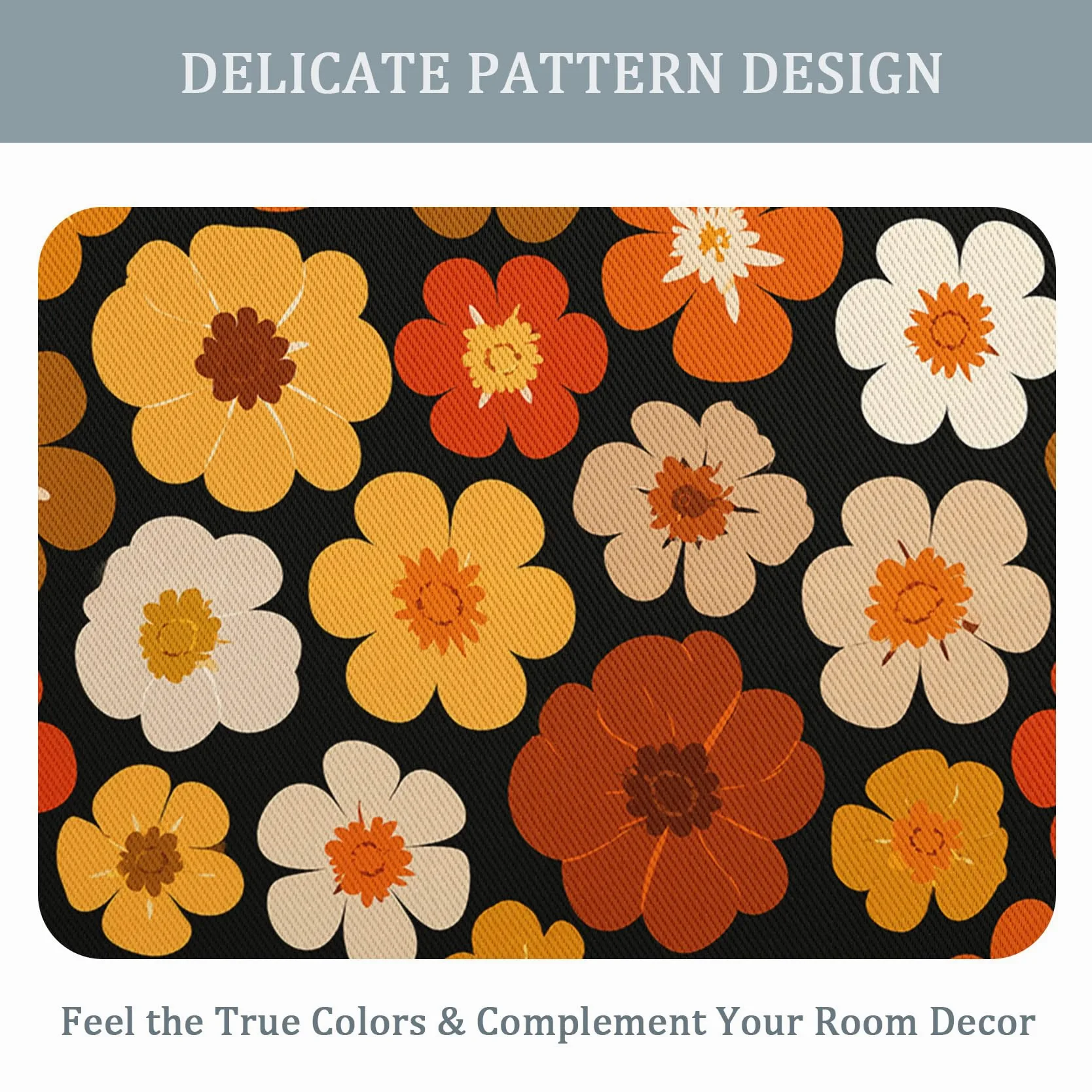 Rideau Hippie Occultant Motif Fleur Orange Jaune Retro Années 70 Rideaux Chambre Salon Cuisine Fenêtre 140 x 245 cm, Oeillets Rail Rideaux Occultants Thermique