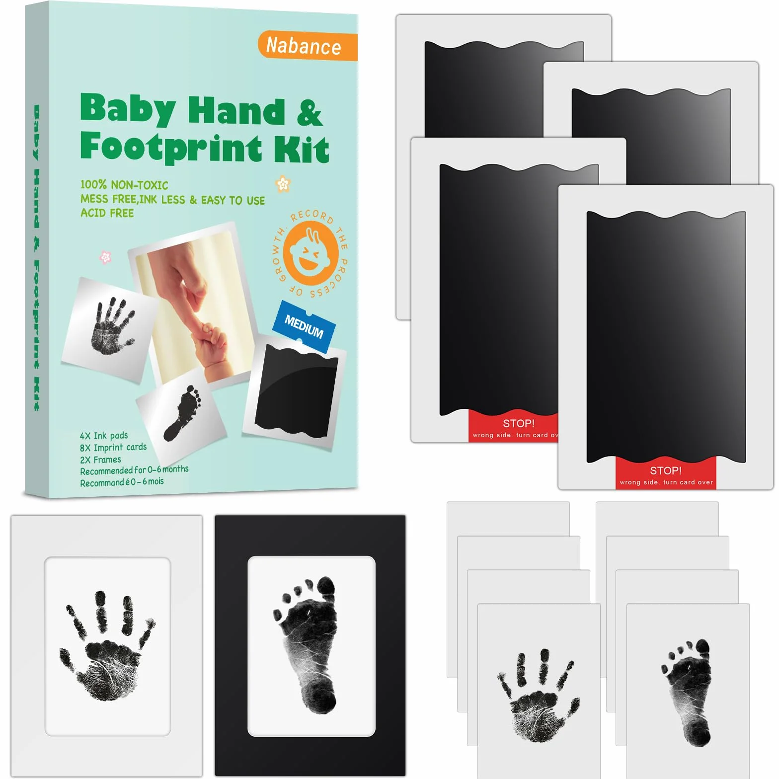 Kit Empreinte Bébé 4pcs Empreintes Pieds et Mains Bébé avec 8 Cartes 2 Cadres Photo Souvenirs de Famille 0-6 Mois