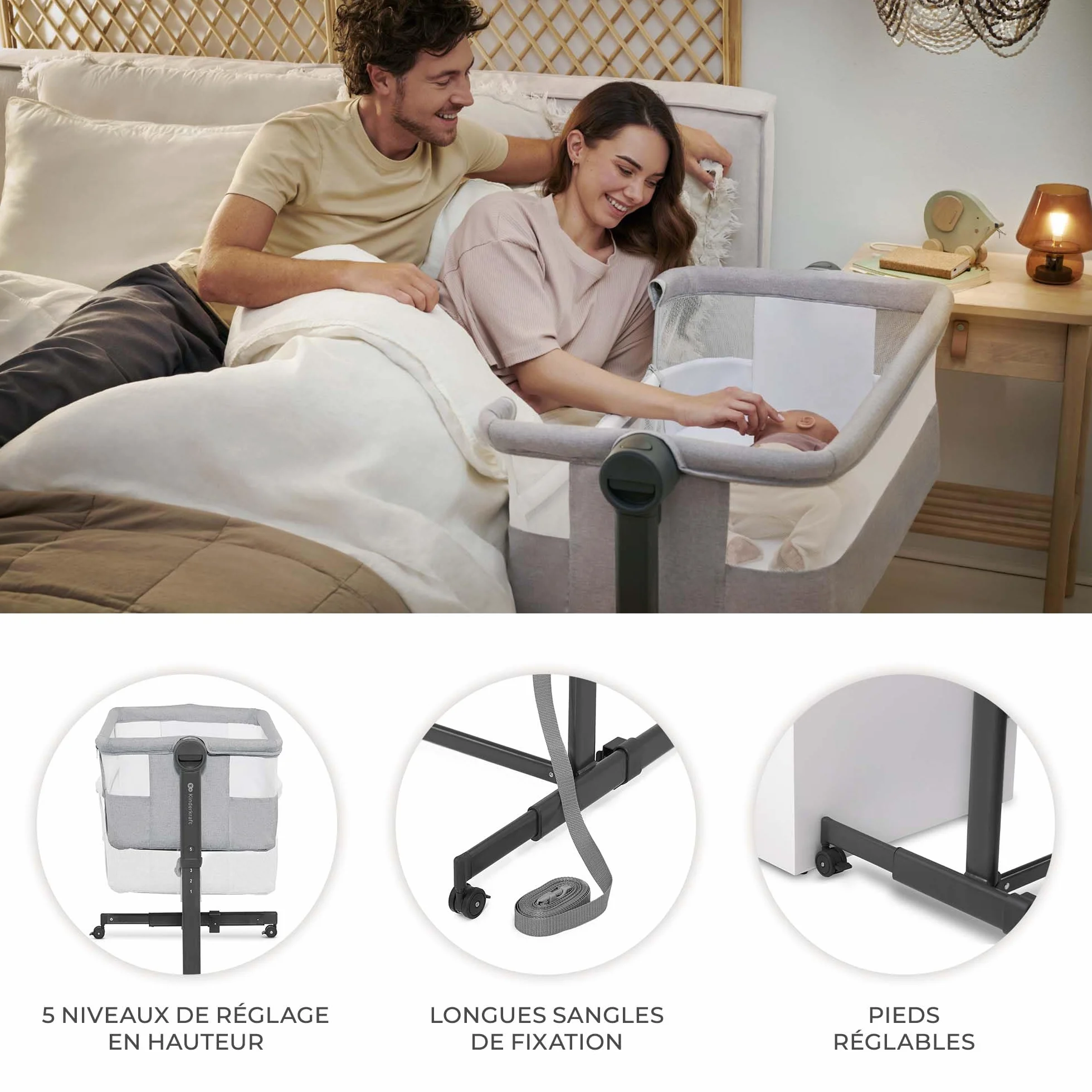 Kinderkraft NESTEE UP 2 Lit bébé cododo avec matelas, réglage hauteur, pieds réglables, gris clair