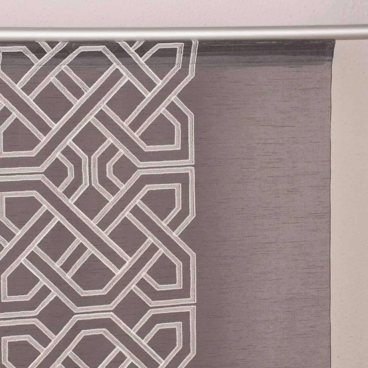 SCHÖNER LEBEN. Panneau japonais aspect batiste brodé Anthracite/gris/blanc 245 x 60 cm