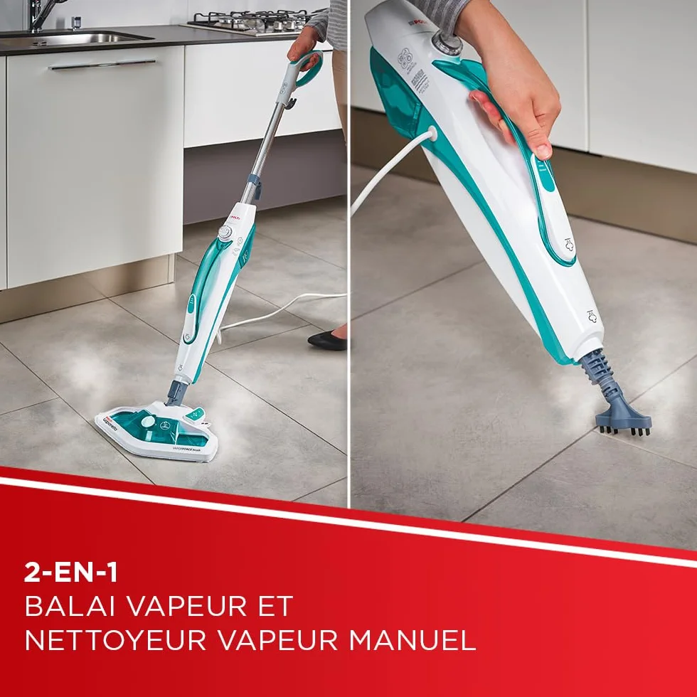 Polti Vaporetto SV450 Double Balai Vapeur 2-en-1 13 Accessoires Réservoir 0,3 L Bleu Clair Blanc