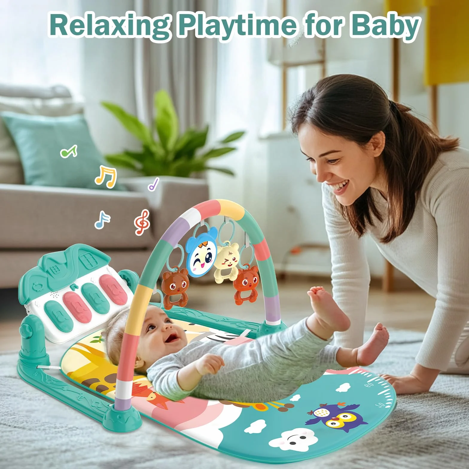 Tapis d'éveil Bébé 0-6 Mois avec Hochets et Musique de Piano, Tapis Sensoriel Motricité Vert