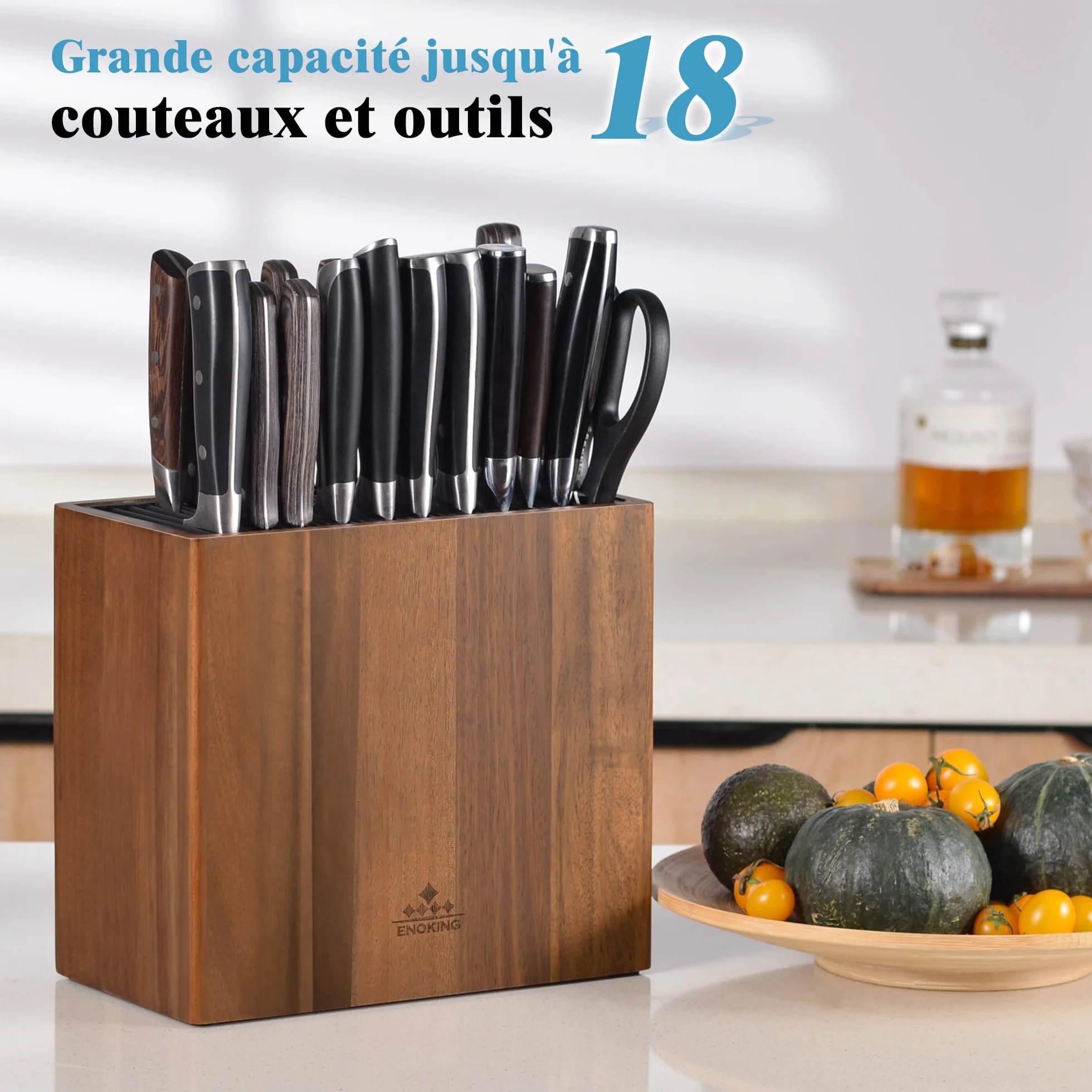 ENOKING Porte Couteaux en Bois d'Acacia, Range Couteaux de Cuisine Universel avec Couvercle en Plastique