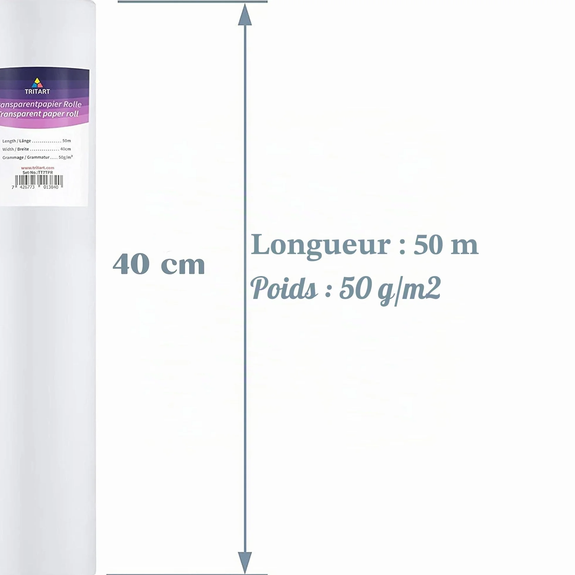 TRITART Papier Calque en Rouleau 40 cm x 50 m 50 g/m Transparent Grand Format