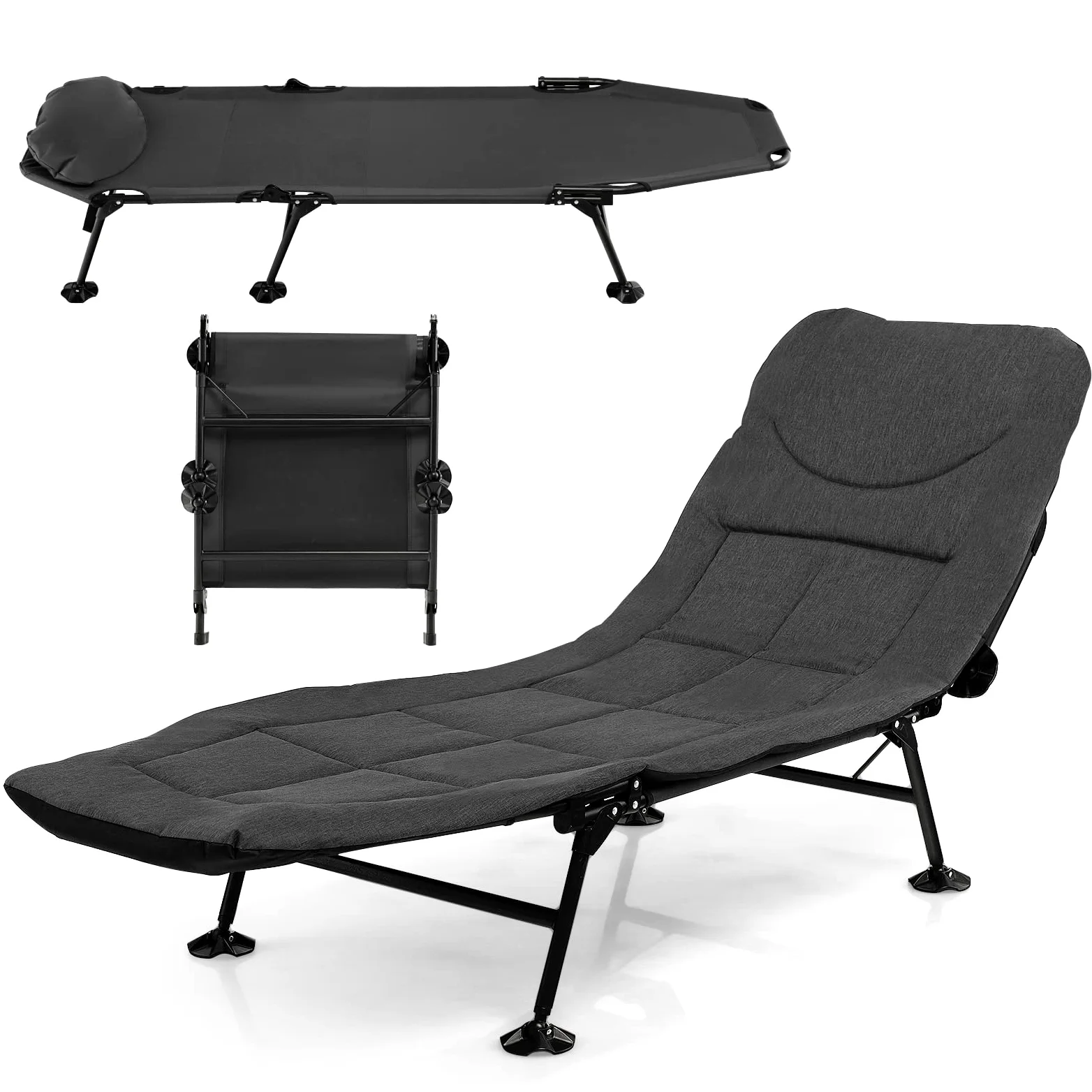 COSTWAY Lit de Camp Pliable 1 Personne, Lit Camping Pliant Portable Léger à Dossier Réglable 6 Positions, Lit de Camp Extérieur Intérieur Inclinable pour Bureau Maison Voyage, Charge 200 KG, Gris
