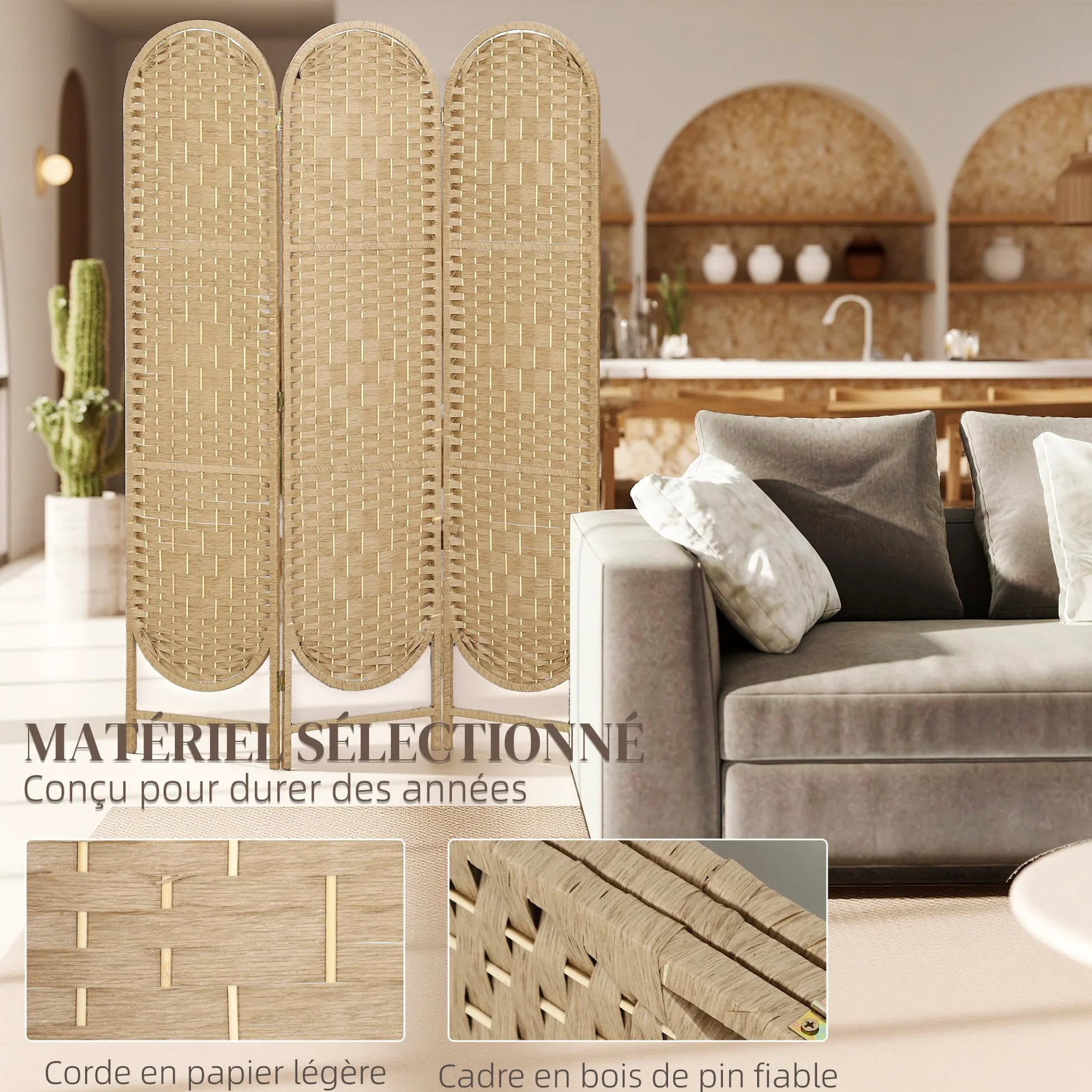 HOMCOM Paravent Interieur Ovale 3 Panneaux Léger 120 x 170 cm Bois Naturel | Séparateur de Pièce Pliable, Tissé, Style Bohème, Cloison de Séparation, pour Salon Chambre à Coucher Maison