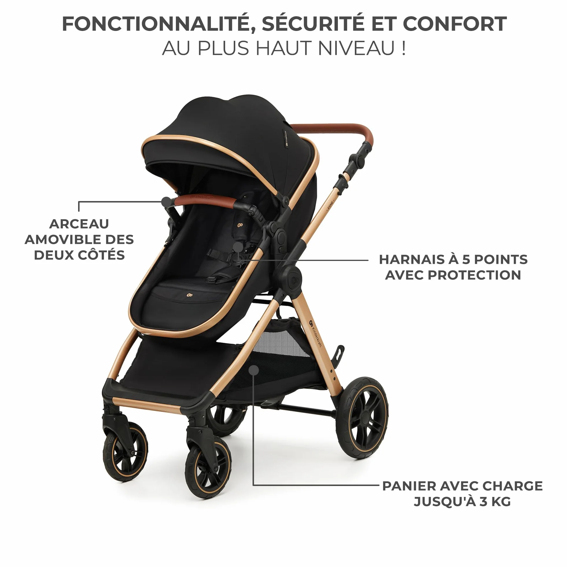 Kinderkraft ESME Poussette 3 en 1 avec porte-bébé Mink PRO I-Size, système de voyage, Noir