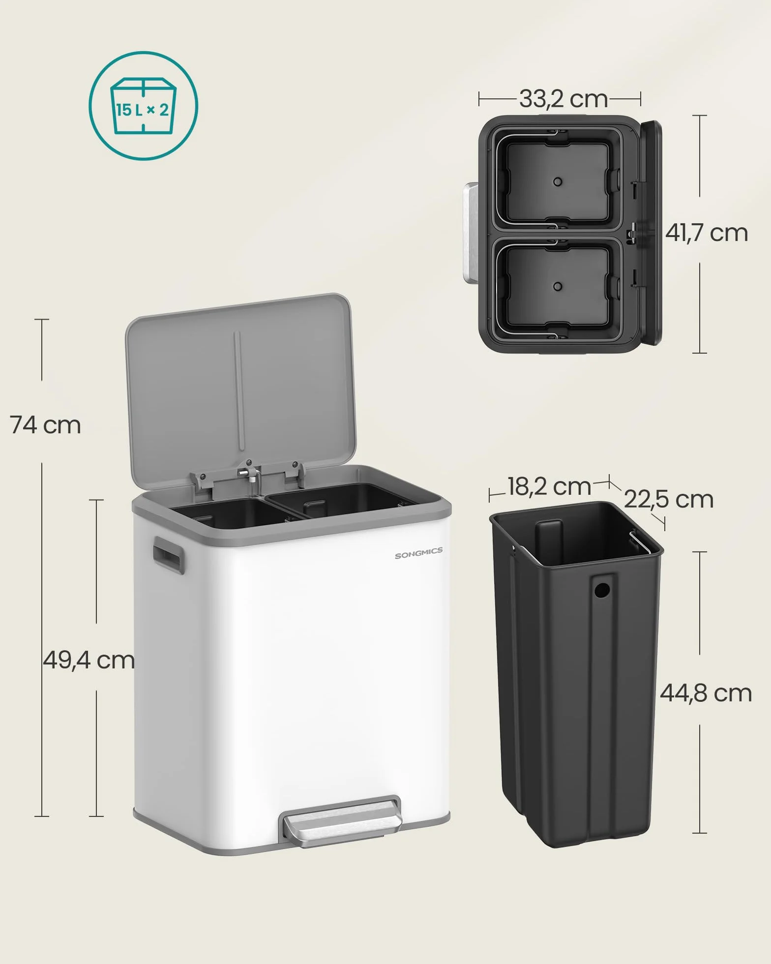 SONGMICS Poubelle de Cuisine Double 2x15L Recyclage Déchets Ménagers Acier Fermeture Douce Pédale Blanc
