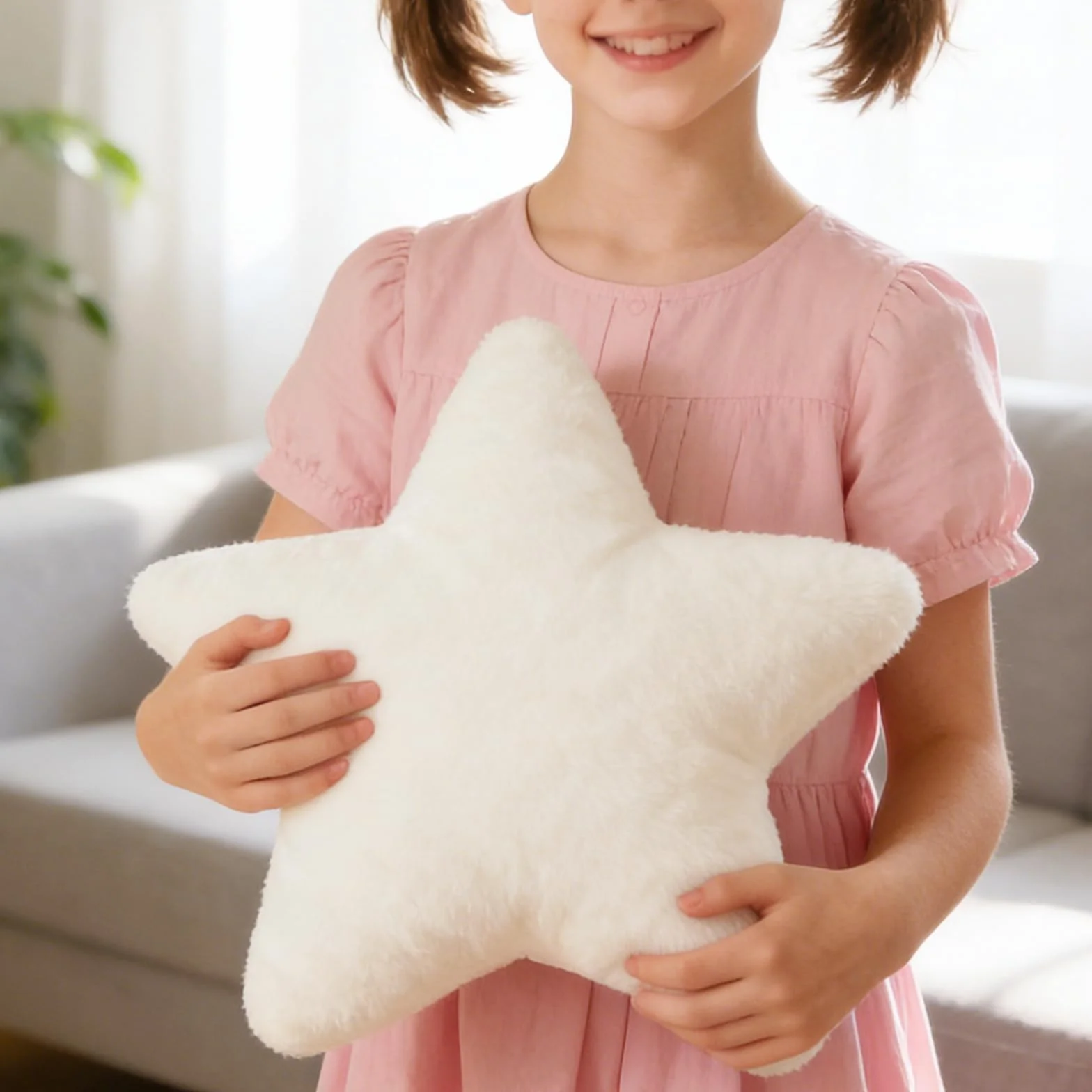 Coussin en peluche étoile décoratif 30 x 30 cm Blanc