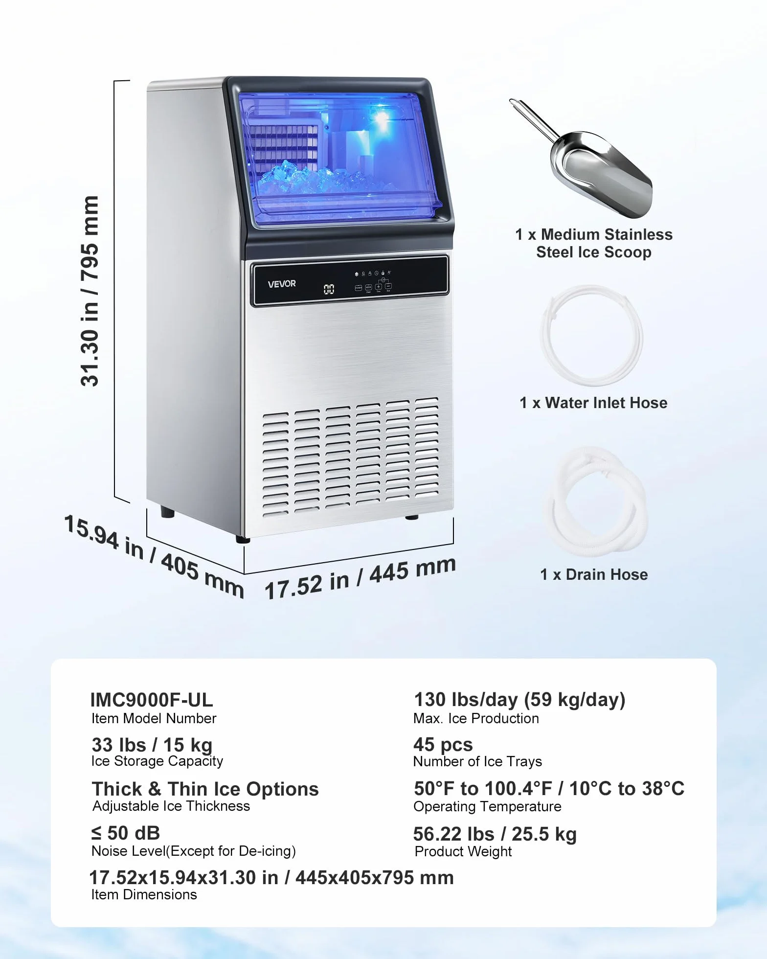 VEVOR Machine à Glaçons Commerciale 54,4 kg/24 h, 15 kg Stockage, 45 Cubes/Cycle, Écran LED Nettoyage Automatique