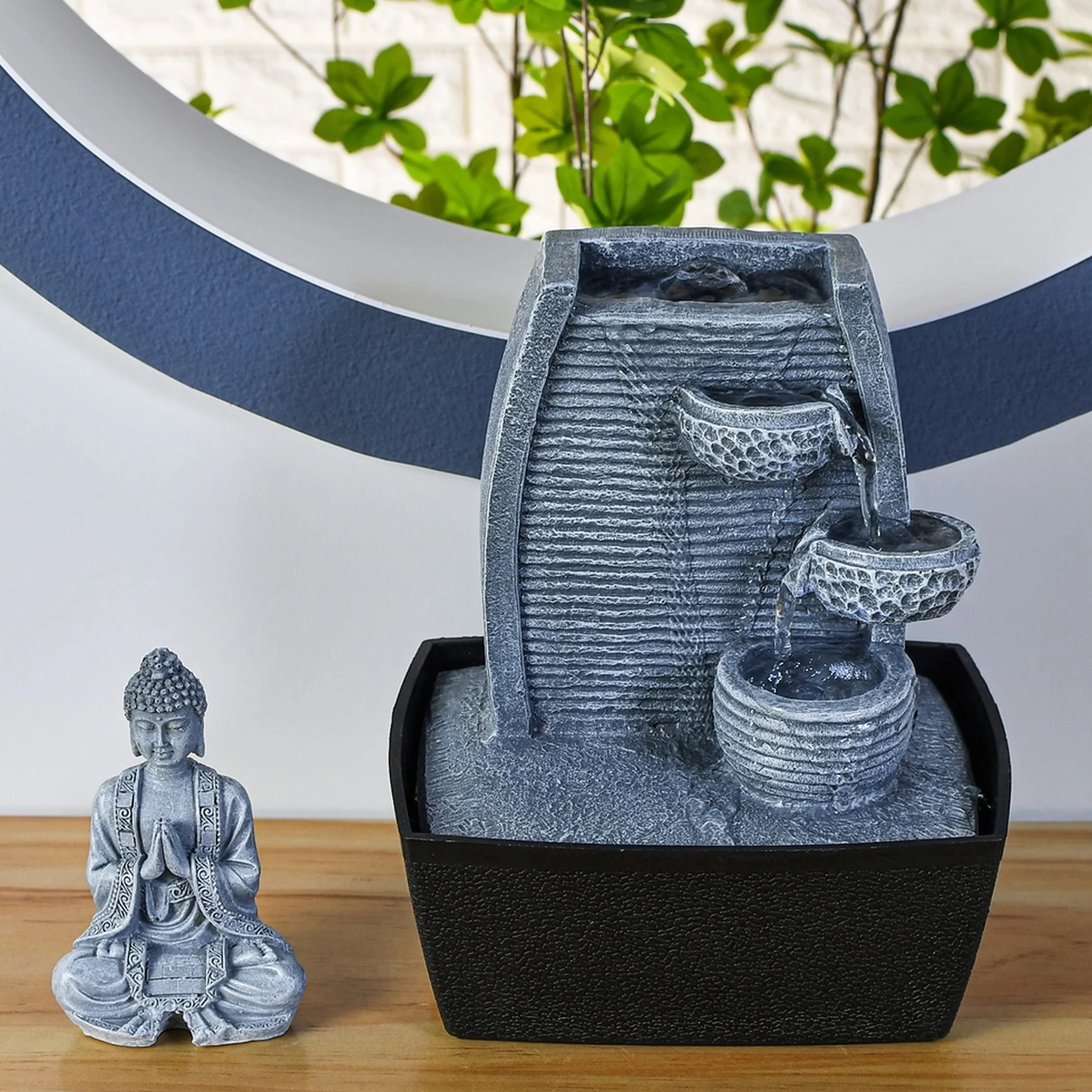 Fontaine d'Intérieur Mur d'Eau Cascade Statue Bouddha Amovible Lumière LED Blanc Circuit fermé H 26cm Décoration Zen Sagesse Zen'Light