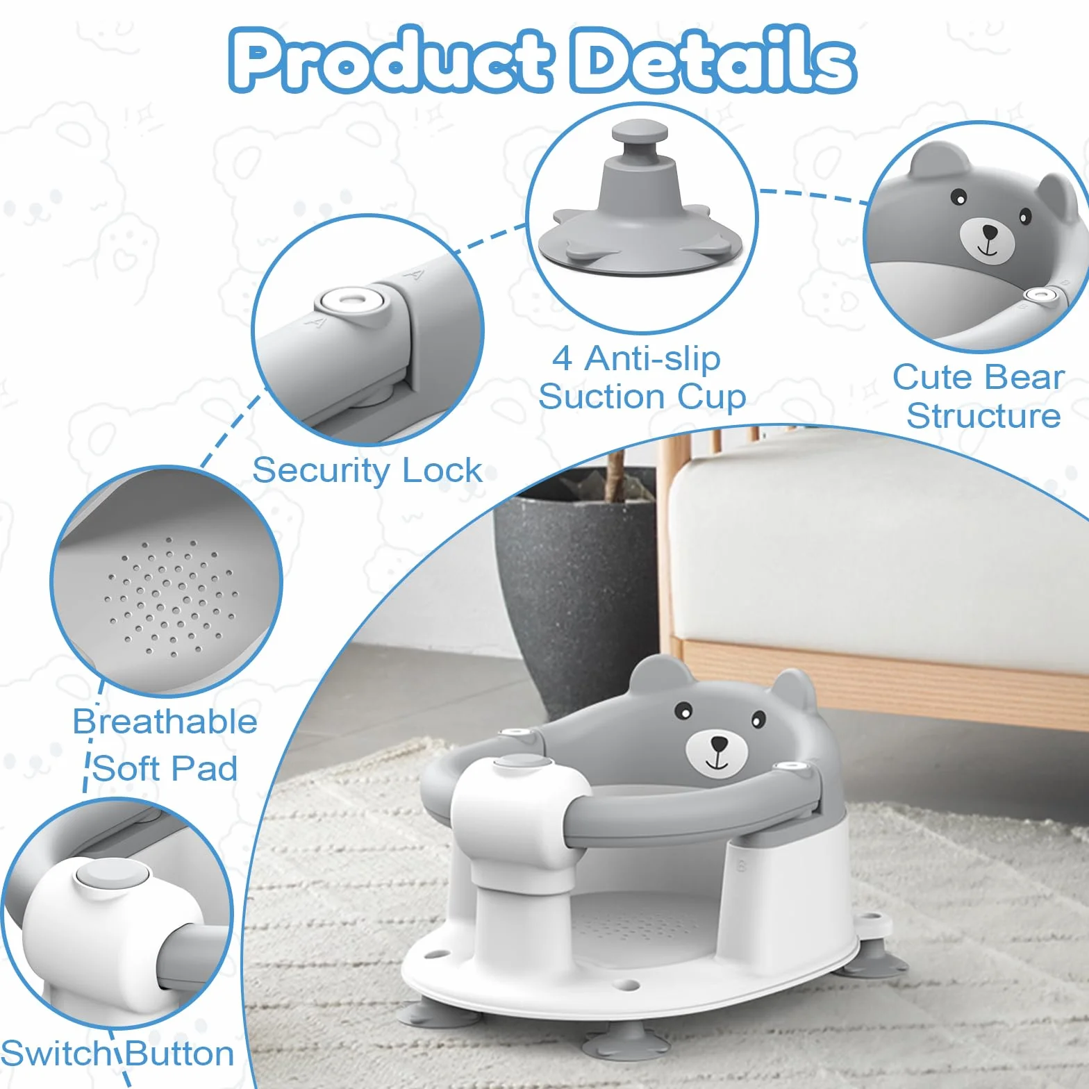 Siège Bain Ergonomique Bébé 6 Mois avec Ventouses Gris Ours