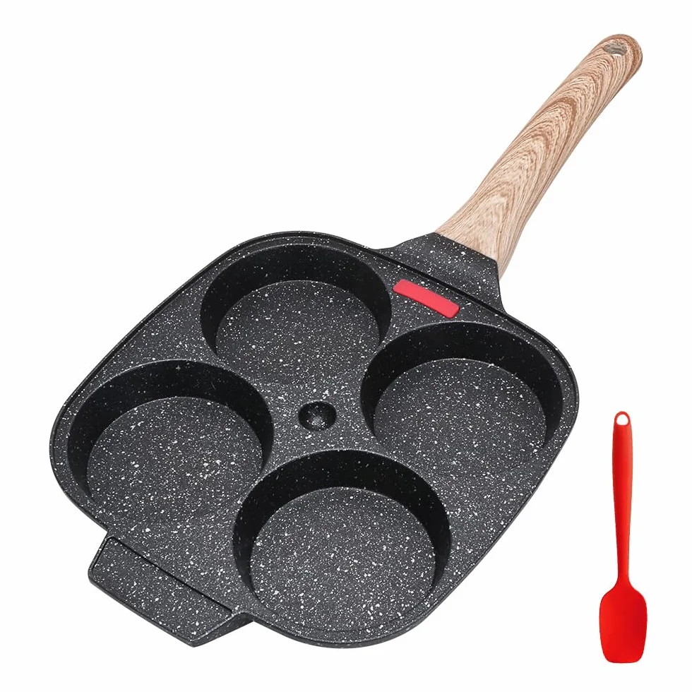 Poêle à 4 Emplacements Antiadhésive en Aluminium pour Petit-déjeuner, Gaz et Induction (Noir)