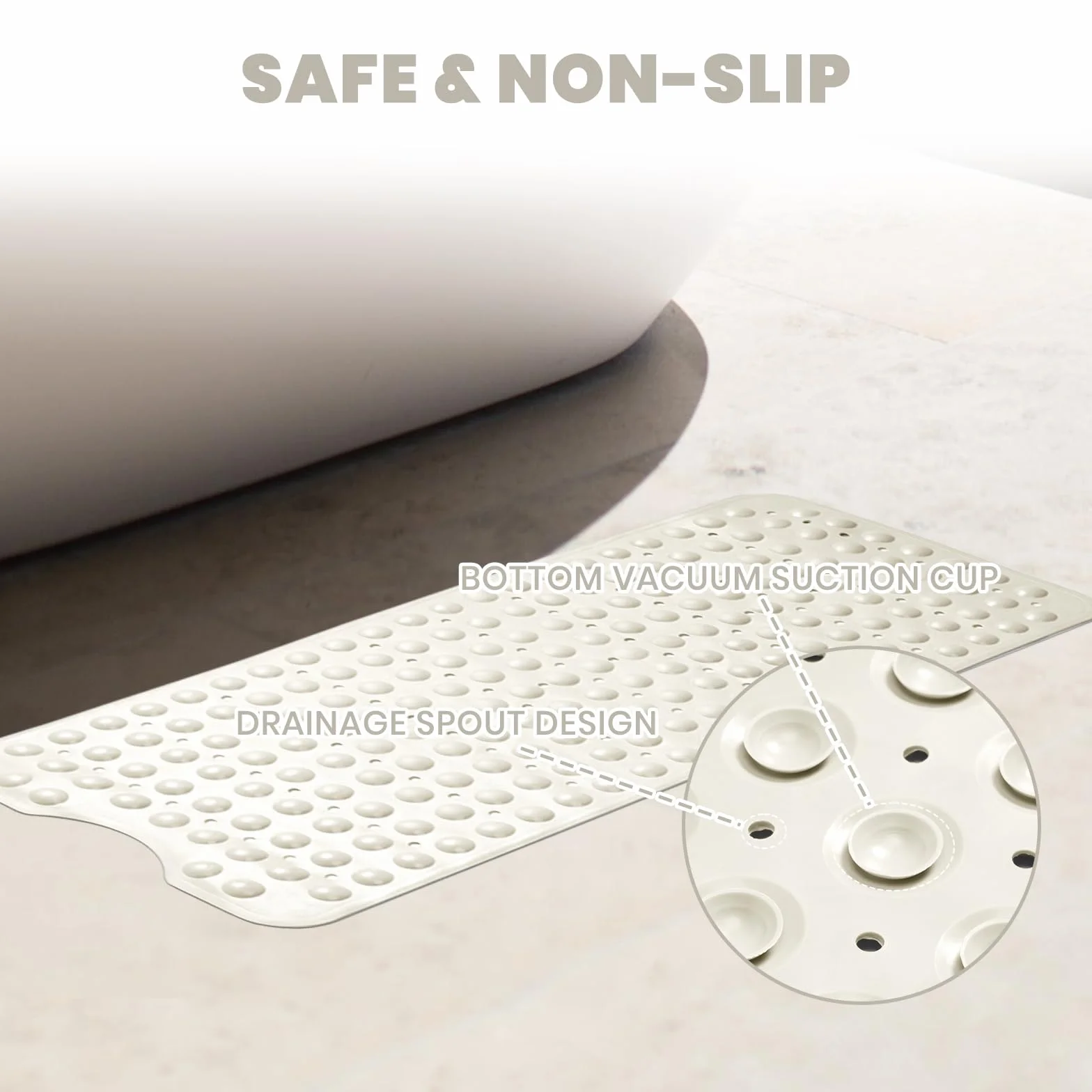 Tapis de Bain antidérapant Extra Large 101 x 40 cm Beige Good Nite avec ventouses Anti-moisissure Lavable en Machine