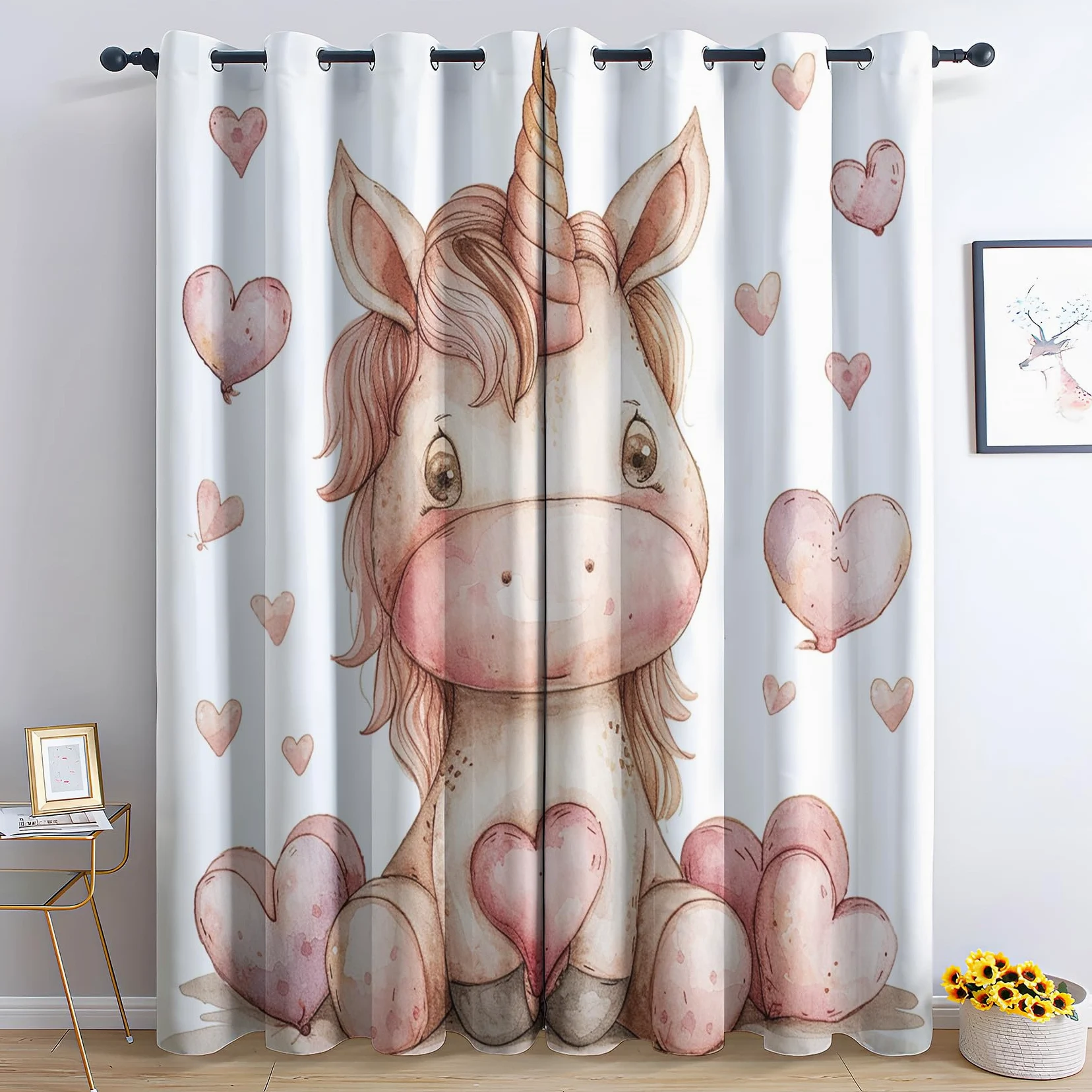 Rideau Occultant Licorne - Rideaux Thermiques à Oeillets - Rideaux Imprimé Motif Enfants Filles pour Salon Chambre Fenetre - Lot de 2 Rideaux et Draperies Intérieurs - 75x166 cm (L x H)