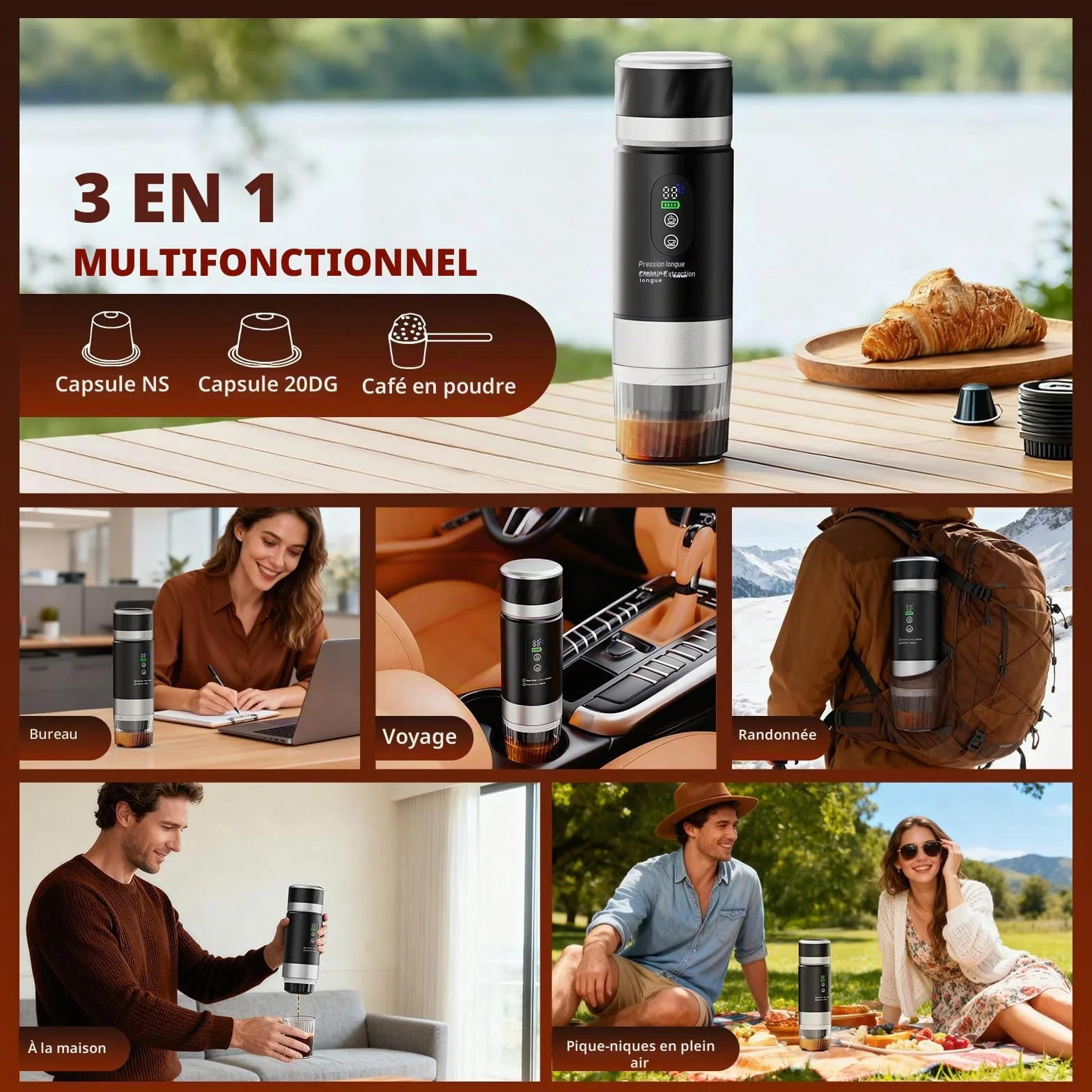 Cafetière Portable 3 en 1,Machine à Café à Capsules Expresso Cafetière Rechargeable avec Batterie 2×7500 mAh,compatible avec Capsules Ness-preso, Dolce-Gusto,pour Camping,Bureau,Voyage