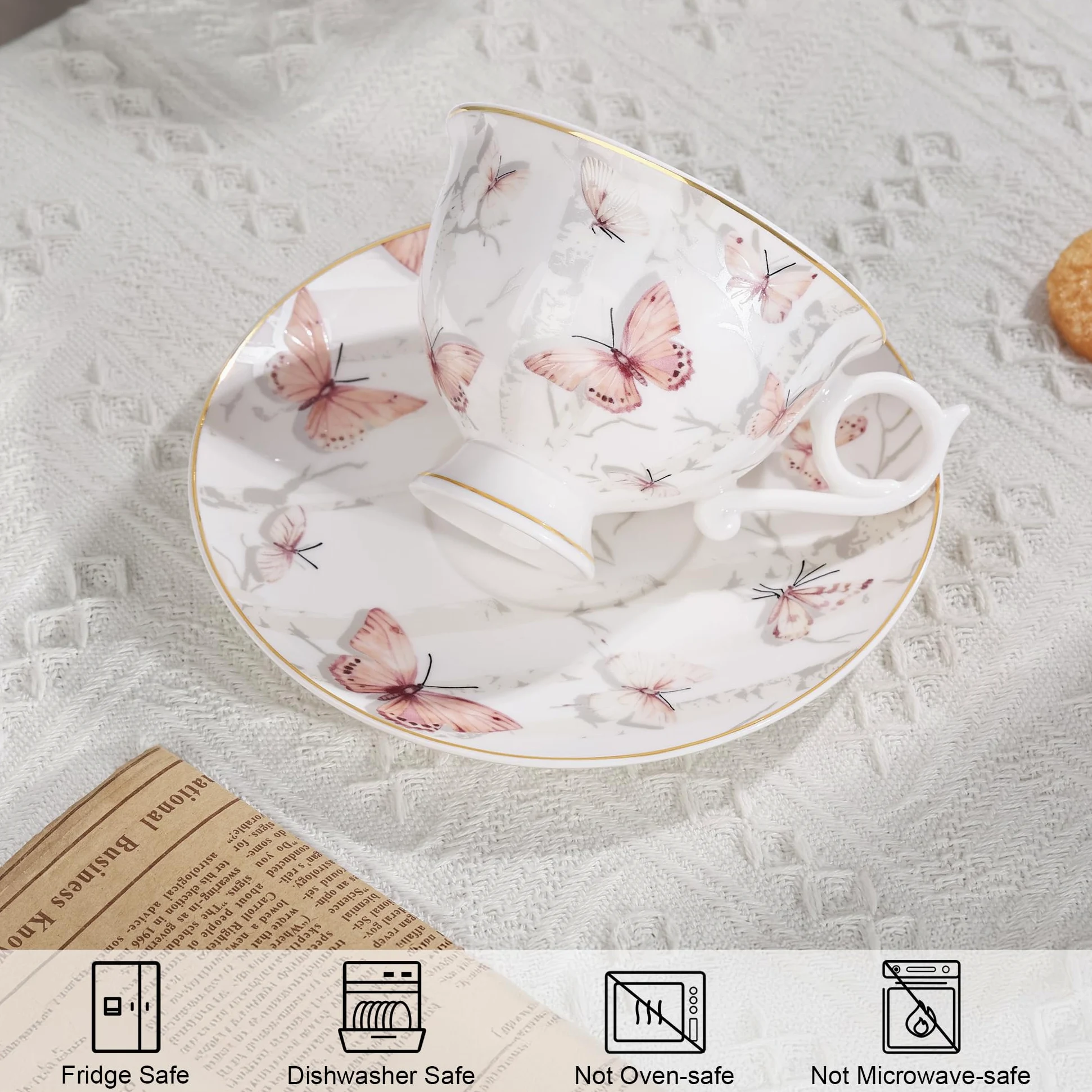 fanquare Elégantes Lot de 6 Ensembles Tasses et Soucoupes en Porcelaine Fine 180ml, Set de Tasses et Soucoupes Motif Papillon Rose clair avec Bord Doré Thé et Café pour Maison Cuisine Mariage