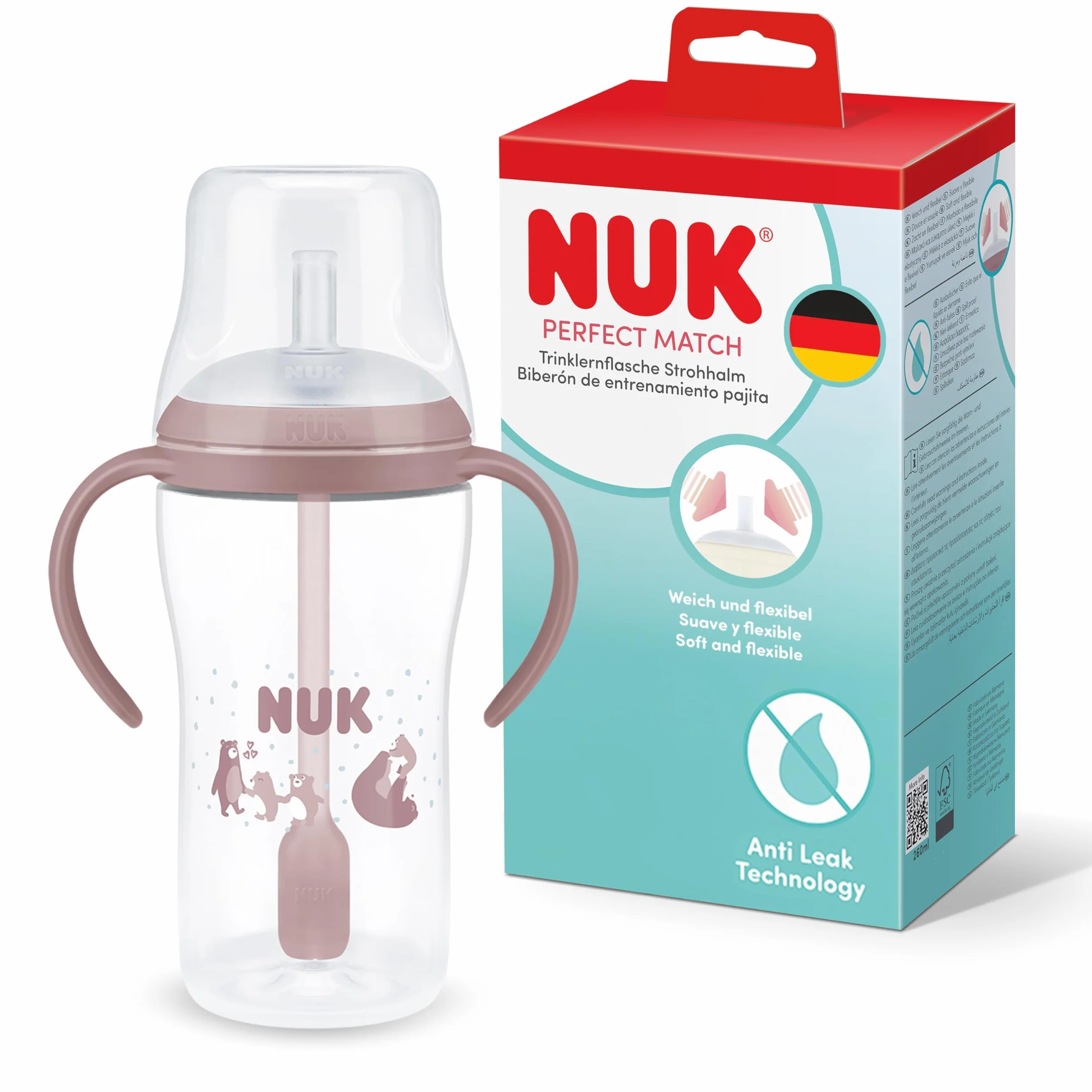 NUK Perfect Match Tasse d'apprentissage bébé 260 ml anti-fuite 8+ mois rose
