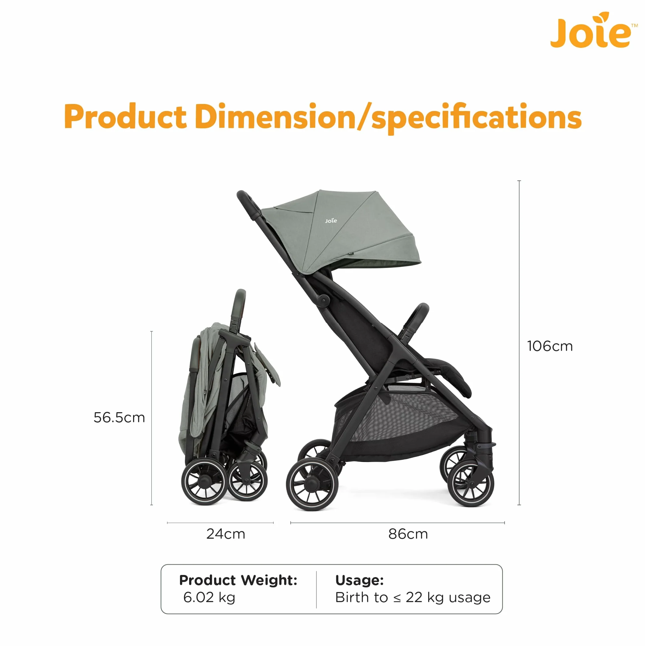 JOIE PACT PRO Poussette ultra compacte légère 6,3 kg naissance à 22 kg pliage une main dossier inclinable 17 positions Abyss