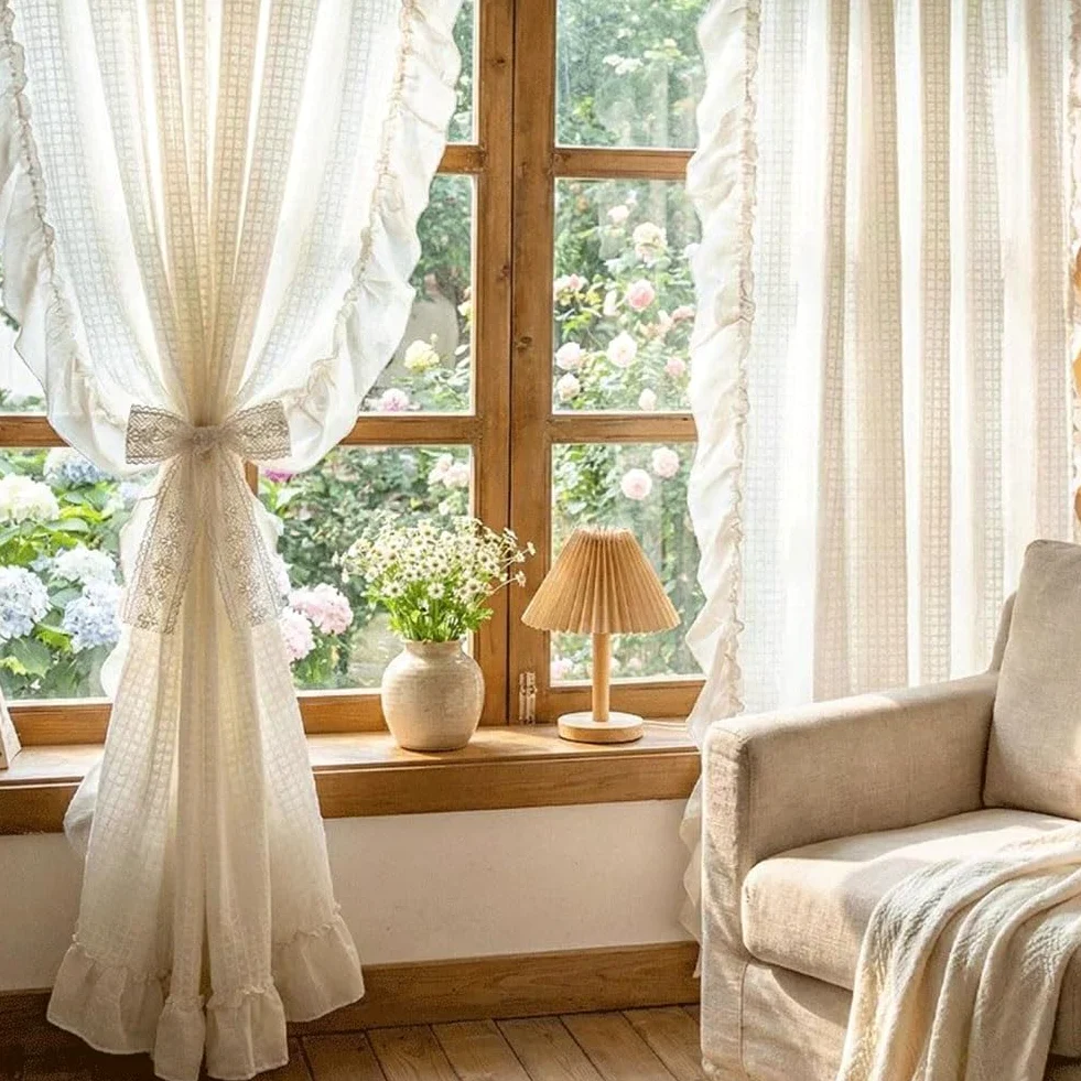 2 Pièces Rideaux Filtrant de Lumière Beiges Salon, Rideaux de Fenêtre Chambre Français Romantiques avec Poche de Tige Volants pour Décoration Maison(W150xH260cm/59x102inch)