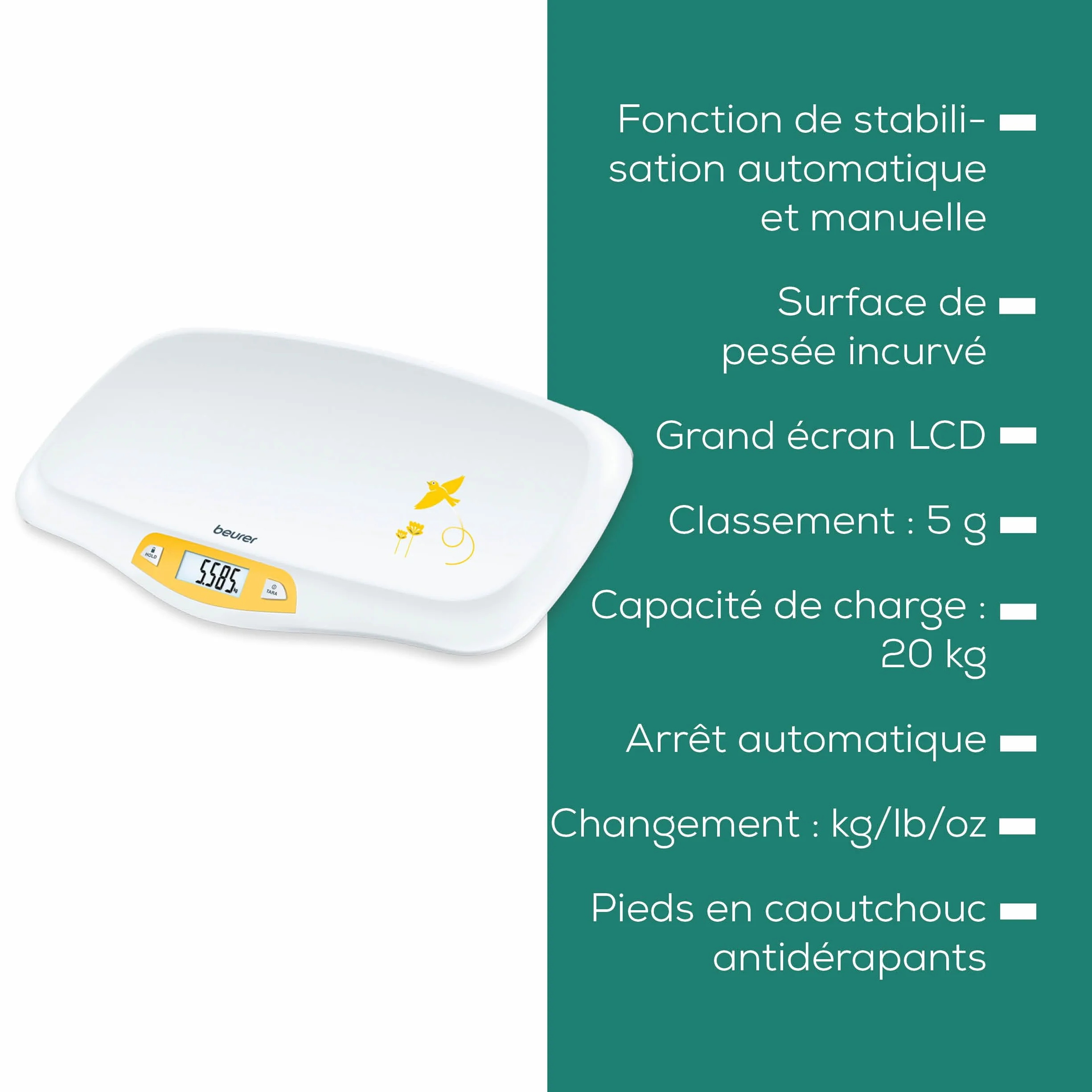 Beurer BY 80 Pèse-bébé 20 kg avec fonction de tare et maintien, graduation 5g