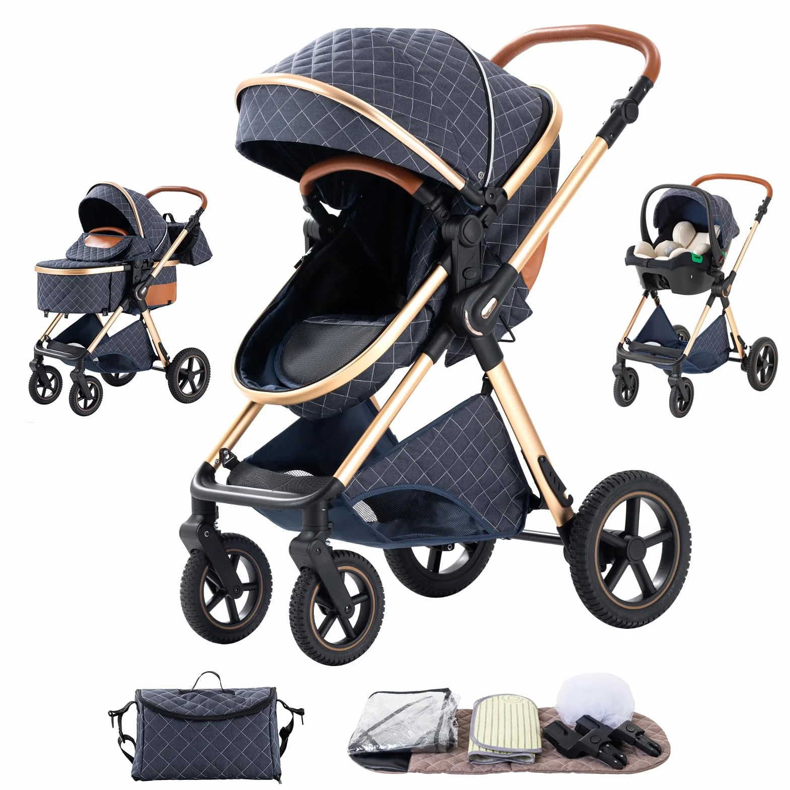 Poussette 3 en 1 Citadine Combinée Tricycle Baby Walker Haute Paysage Landau 0-36 Mois Pliante Trolley Bébé H2-BLUE