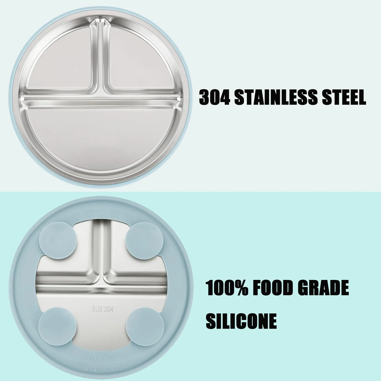 PandaEar Lot De 2 Assiettes Bébé En Acier Inoxydable Avec Ventouse Et 2 Cuillères, Set D’Alimentation Pour Bébé Et Tout-Petit, Assiettes Compartimentées Pour La DME, Sans BPA (Bleu/Vert)