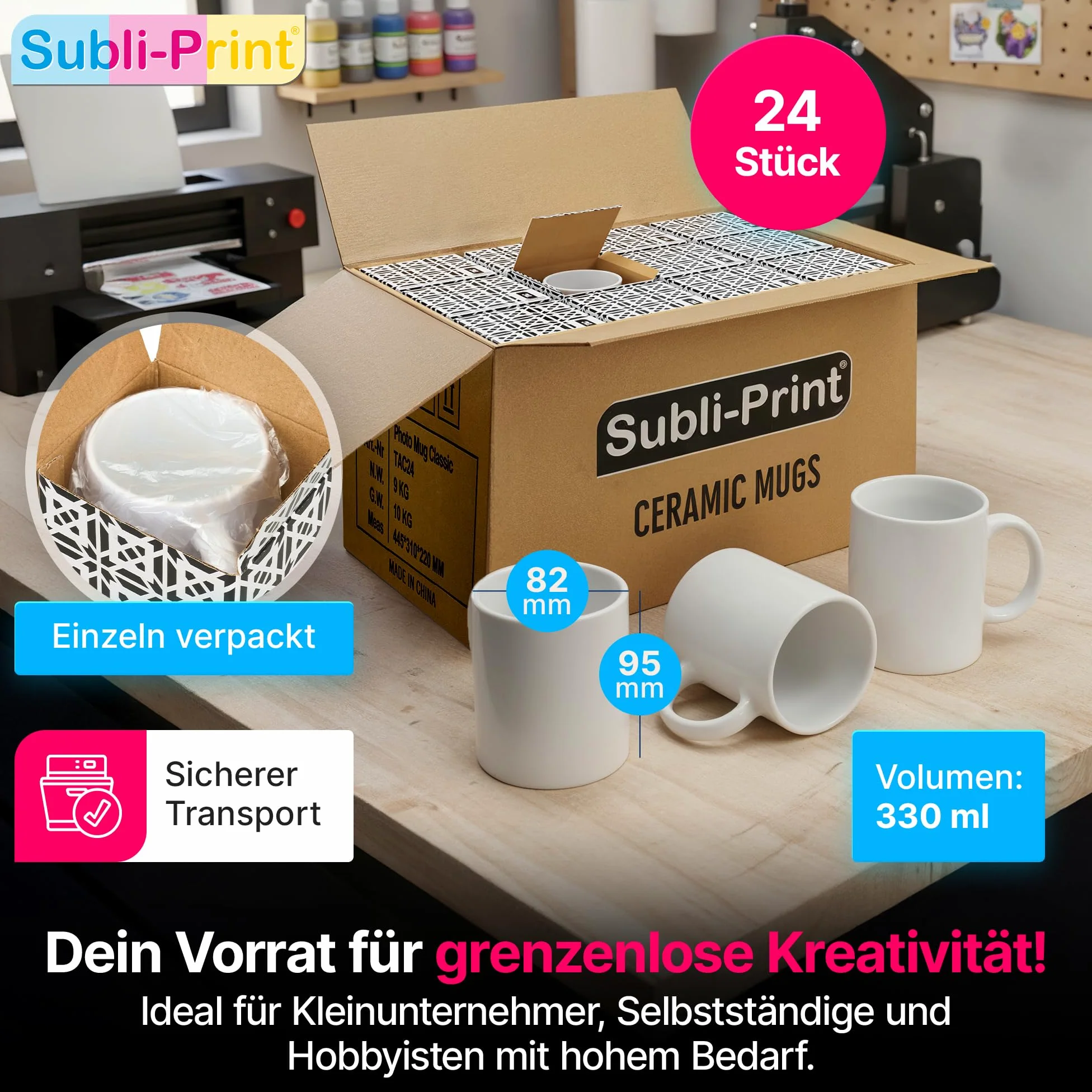 Lot de 24 tasses à sublimation classique de qualité AAA, chaque tasse est emballée individuellement dans un carton de transport.