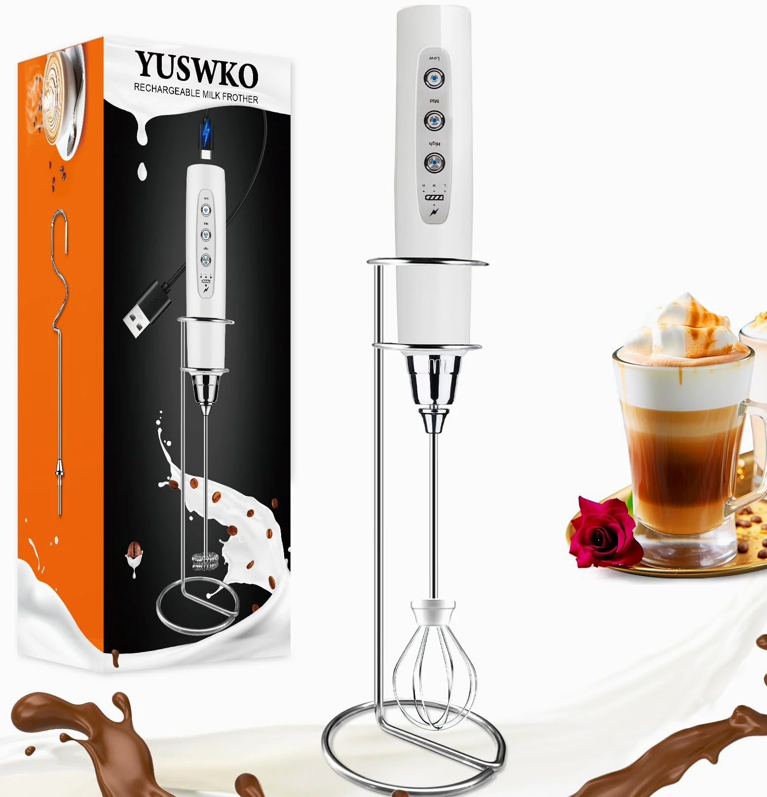 YUSWKO Mousseur à lait rechargeable pour café avec support, mélangeur portatif avec 3 têtes, 3 vitesses, agitateurs électriques pour latte, cappuccino, chocolat chaud, œuf – Blanc