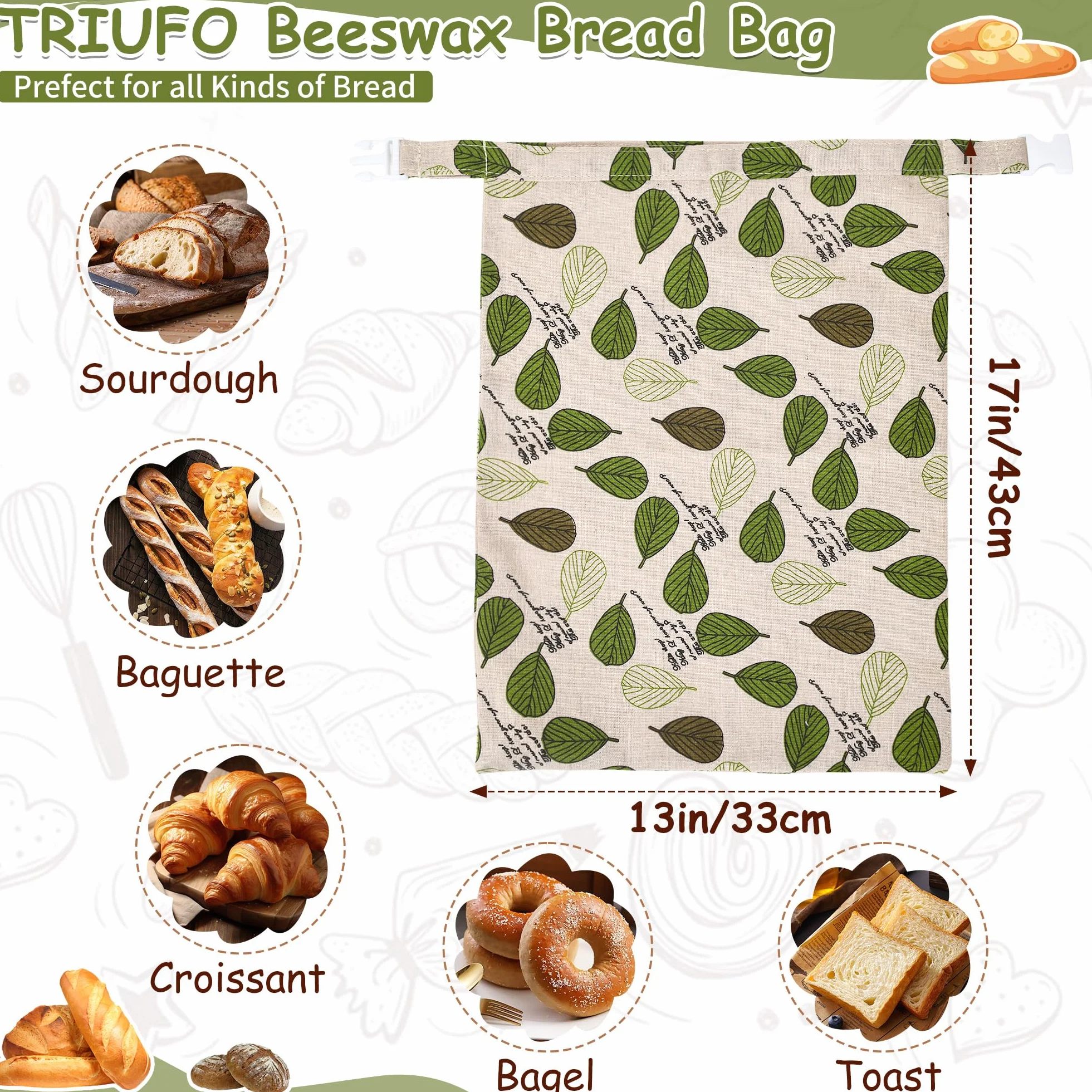 Sacs à Pain en Cire D'abeille 43 x 33 cm Lot de 2, Coton Bio Réutilisable, Conservation Pain Frais