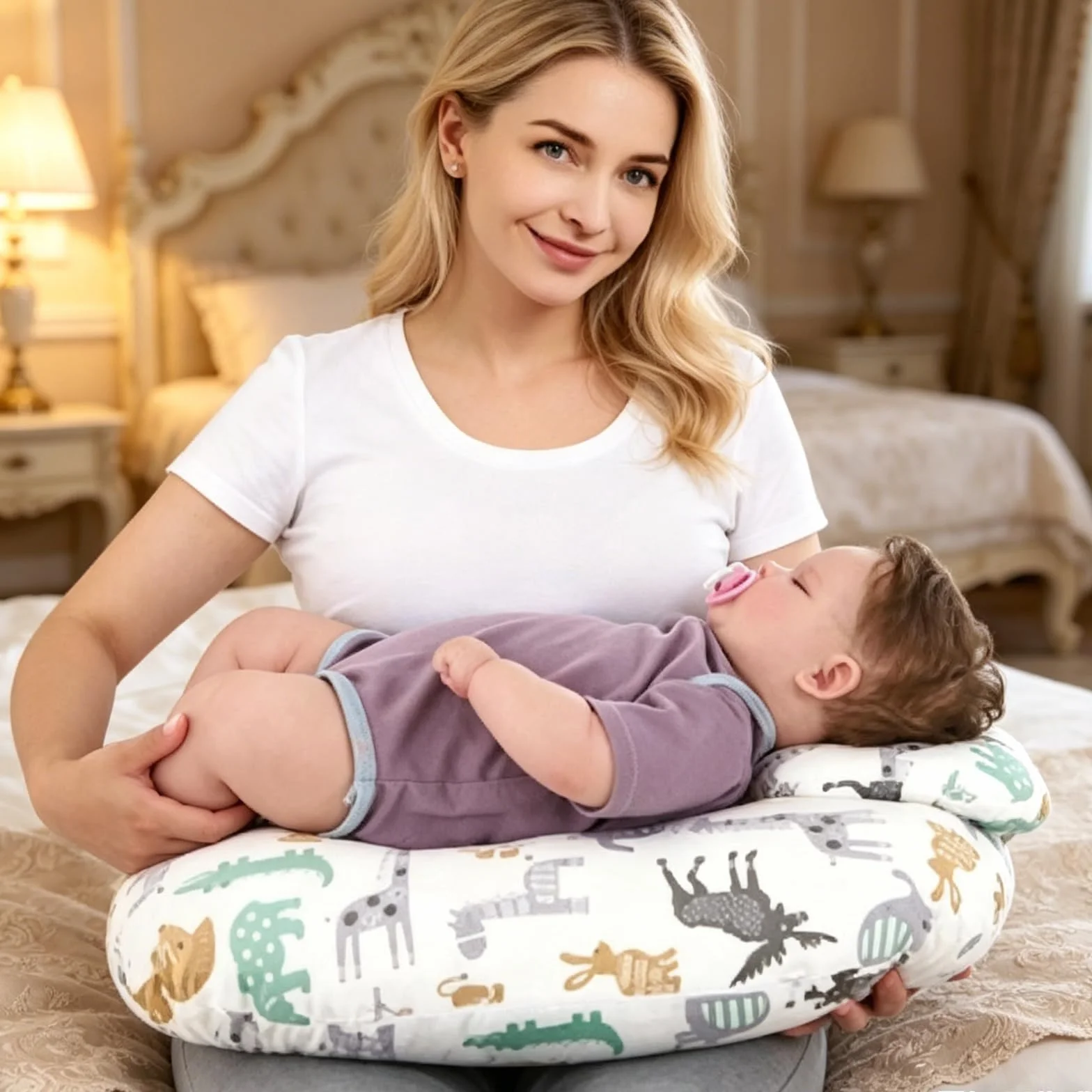 BORDEAG Coussin d'allaitement pour nouveau-né 53 x 40 cm avec housse motif parc animalier