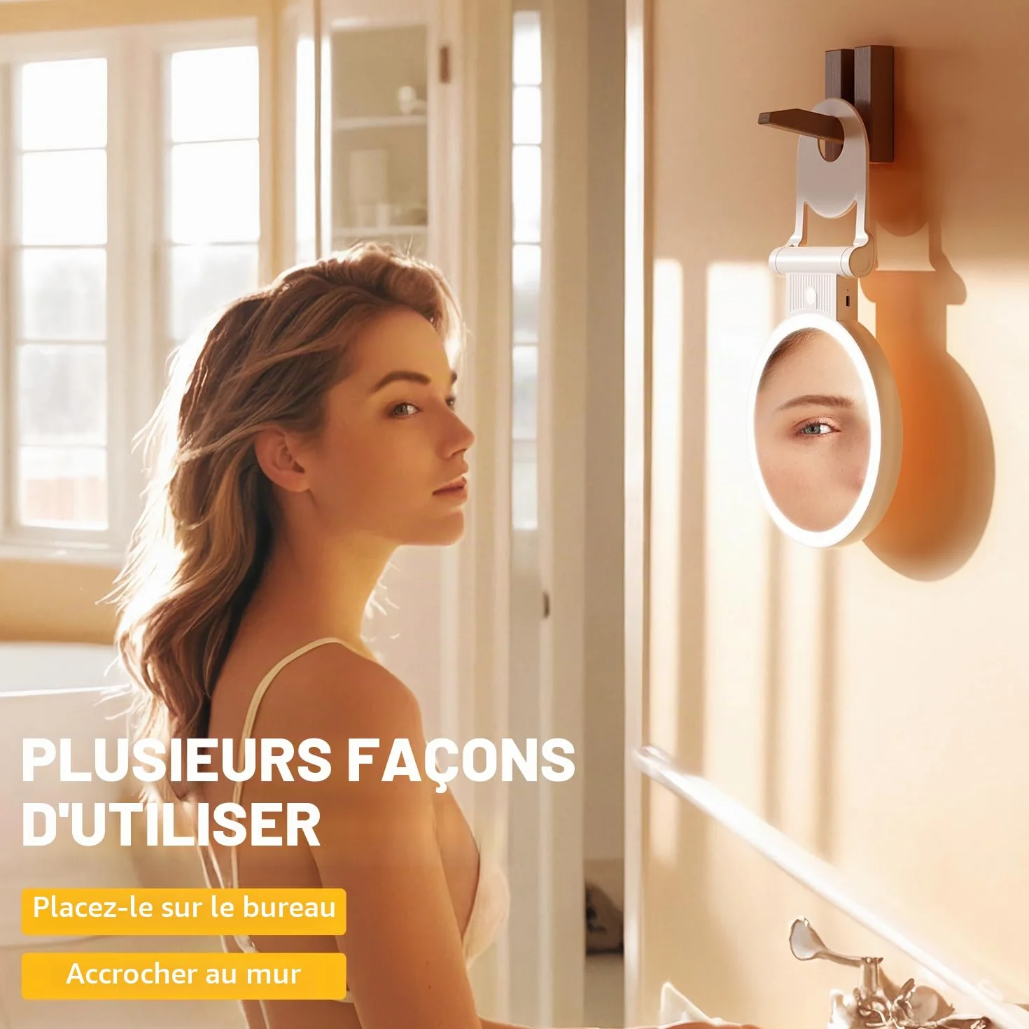 Auxmir Miroir Grossissant Lumineux Double Face 1X/30X, Maquillage 3 Couleurs, Luminosité Réglable, Batterie 2000mAh, Support 360°